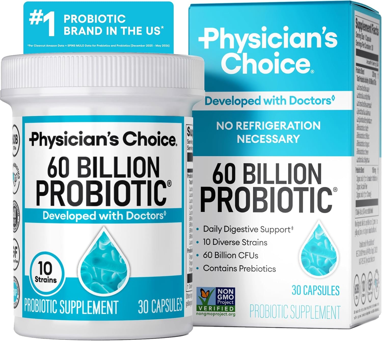 Physician’s CHOICE Probiotics 60 Billion CFU – 10 Strains + Organic Prebiotics – Immune, Digestive & Gut Health – Supports Occasional Constipation, Diarrhea, Gas & Bloating – for Women & Men – 30ct