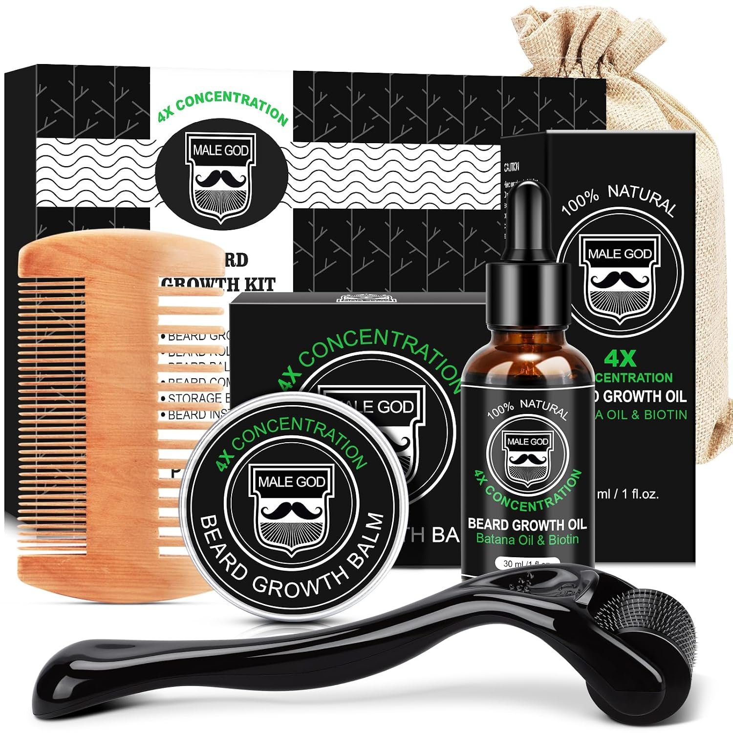 MALE GOD Beard Kit, Beard Growth Kit w/Natural Ingredients Beard Oil & Balm & Comb, Beard Growth Oil w/4X Thickening Biotin, Fathers Day | Chrismtas | Birthday Gifts for Men Him Husband Boyfriend Dad