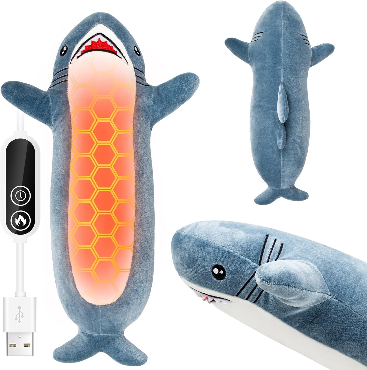 Shark Heating Pad Plush, USB Electric Heat Pad for Belly, Back, Shoulder | Cozy warmth with auto shut-off. USB powered for power banks, laptops or adapters. Gift for women, dorms and offices.