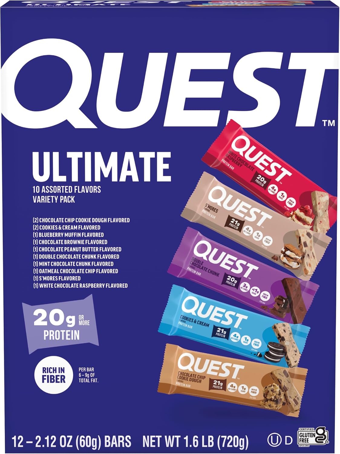 Quest Nutrition Ultimate Variety Pack Protein Bars, High Protein, 12 Count | 20-21g Protein, 3-5g Net Carbs, Gluten Free, High Quality Protein, Individually Wrapped 2.12oz Bars