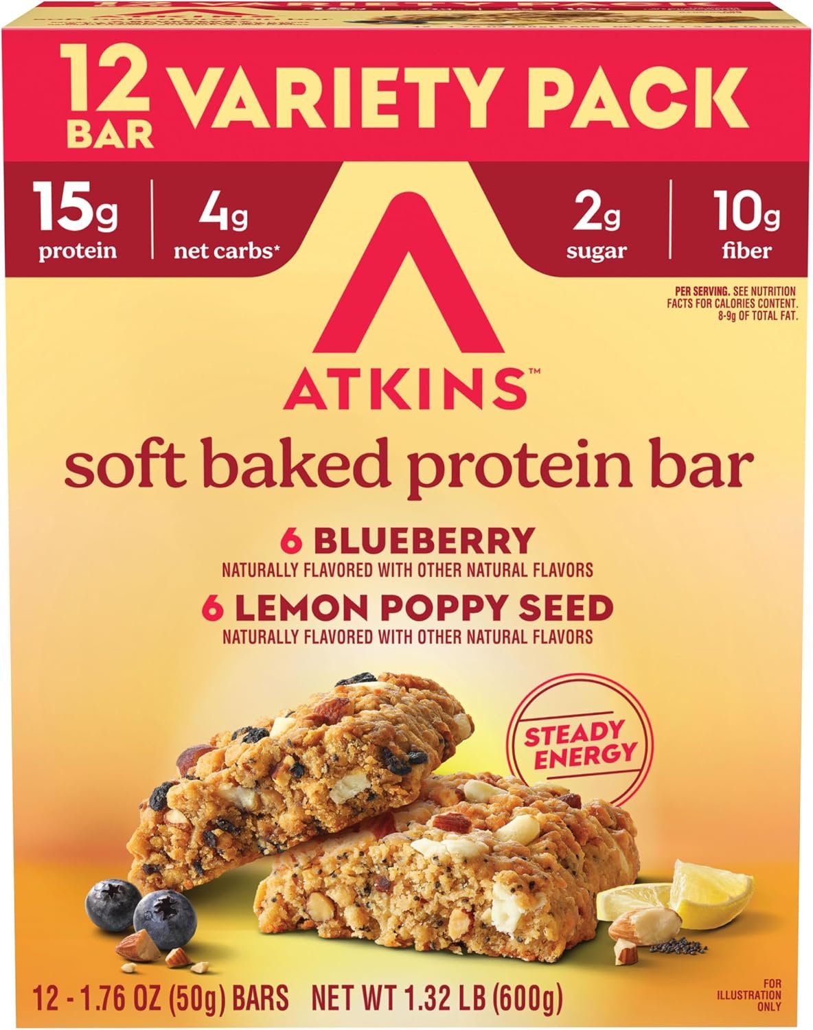 Atkins Soft Baked High Protein Bars, Variety Pack, 12 Count | 6 Blueberry and 6 Lemon Poppy Seed Bars, 15g Protein, 4g Net Carbs, 2g Sugar, 10g Fiber, Individually Wrapped 1.76oz Bars