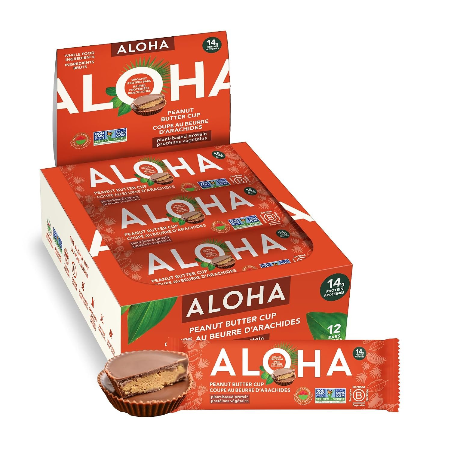 ALOHA Organic Plant Based Protein Bars – Peanut Butter Cup Bar – 12 Bars, Vegan, Low Sugar, Gluten-Free, Low Carb, Non-GMO, No Stevia, No Erythritol