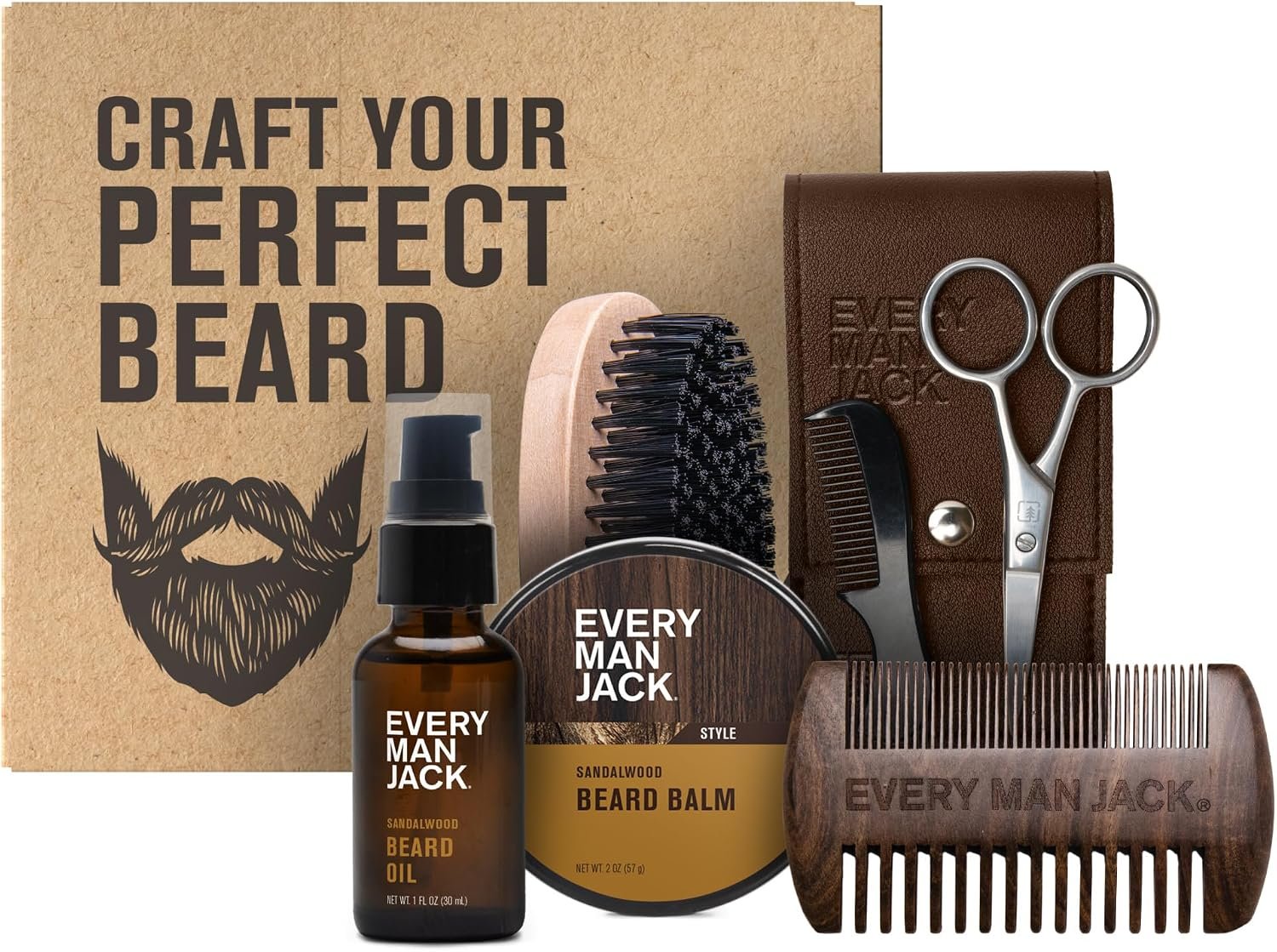 Every Man Jack Beard Care Gift Set for Men – Complete Grooming Kit with Beard Oil, Balm, Brush, Dual-Sided Comb, Trimming Scissors & Mustache Comb – Sandalwood Scent