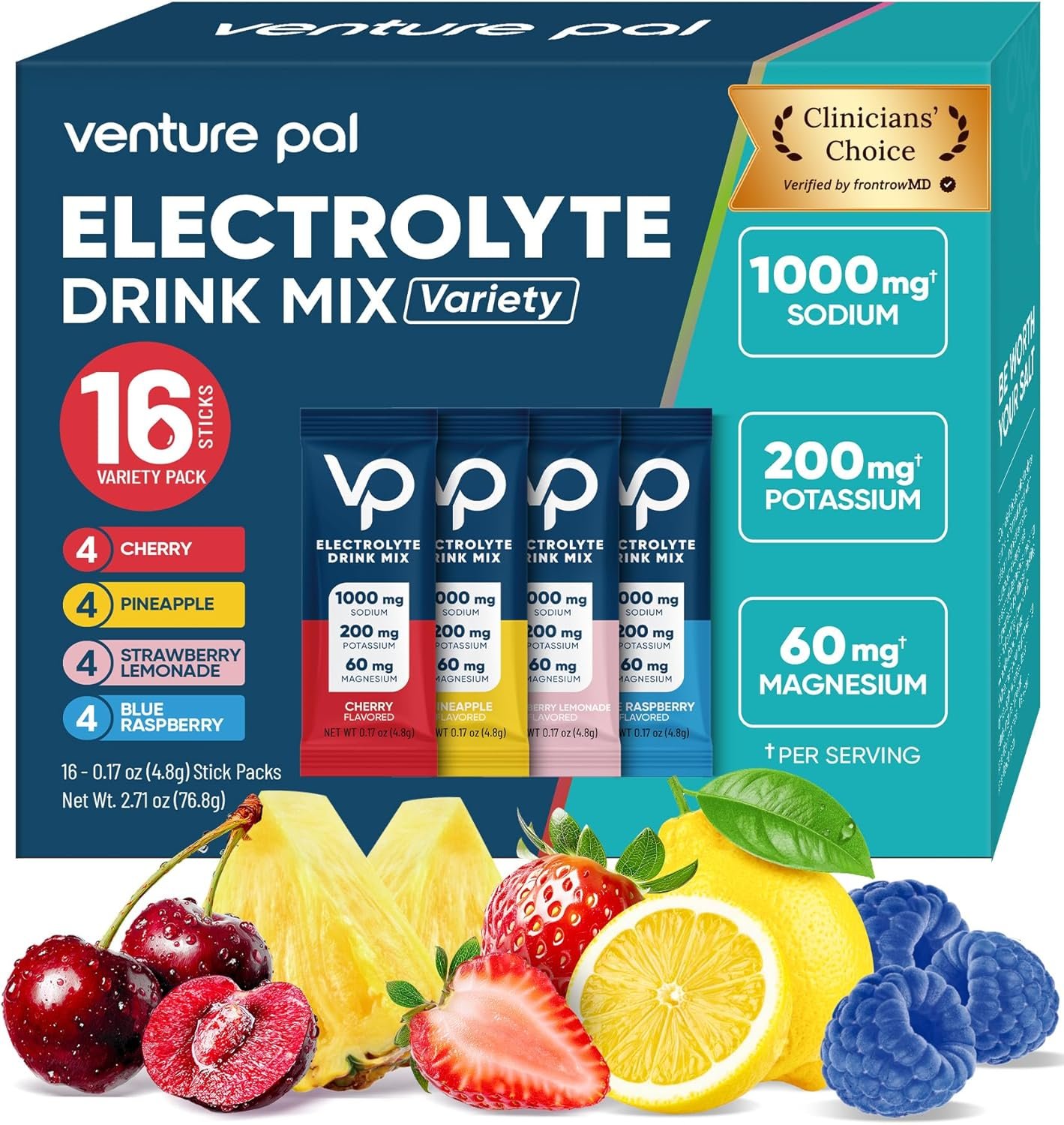 Venture Pal High Sodium Sugar Free Electrolytes Powder Packet, Zero Calories Hydration Packets with Vitamin, Sodium, Potassium & Magnesium, Electrolyte Drink Mix, Keto Friendly, Vegan, 16 Count