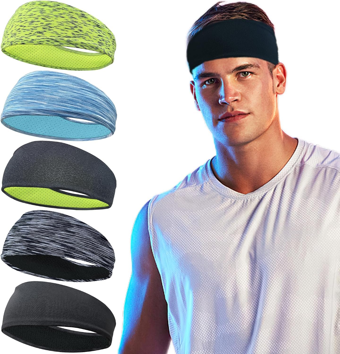 5 Pack Sports Headband for Men, Breathable Mesh Design, Reused & Washed Mens Headband Sweat Bands for Running Yoga Fitness Workout