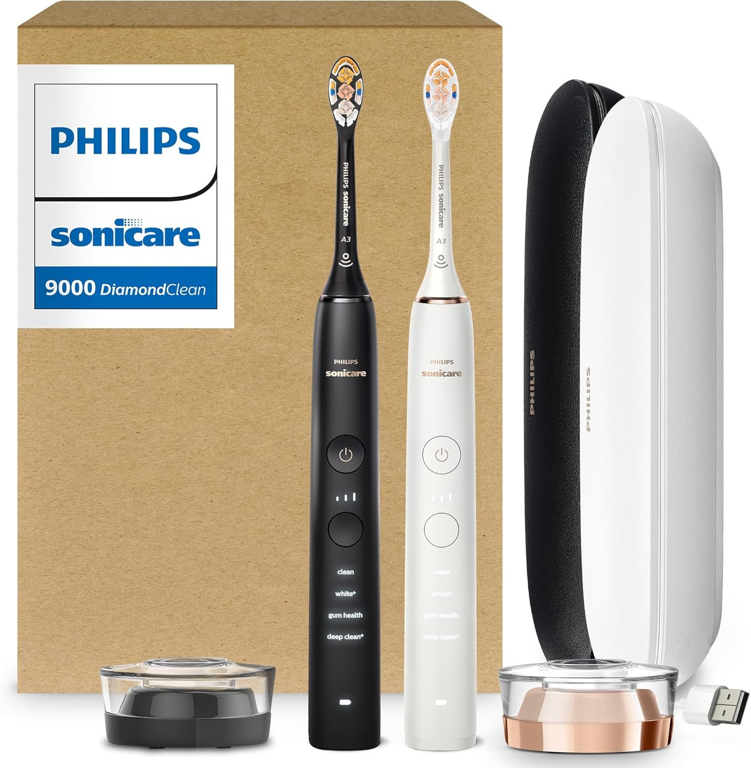 Philips Sonicare DiamondClean 9000 Electric Toothbrush – Sonic Toothbrush with App, Pressure Sensor, 12 Brushing Settings, Replacement Reminder, USB Charging Case, Black & Rose Gold, 2-Pack, HX9912/71