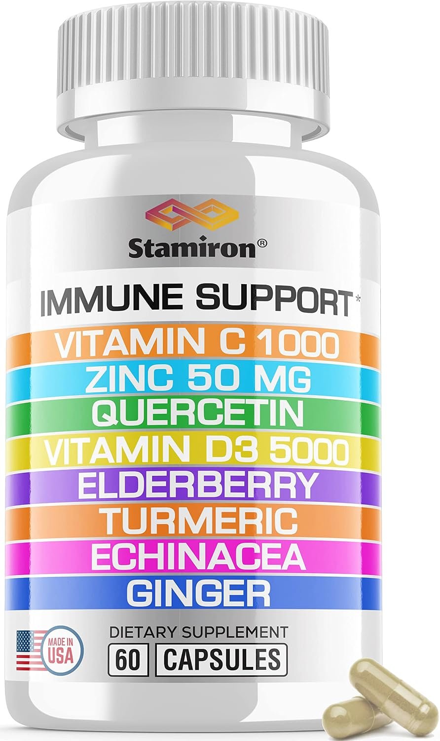 8 in 1 Immune Support with Quercetin Zinc 50mg Vitamin C 1000mg Vitamin D3 5000 IU and Elderberry Echinacea Ginger for Adults Kids – VIT D Supplement Veg Capsules