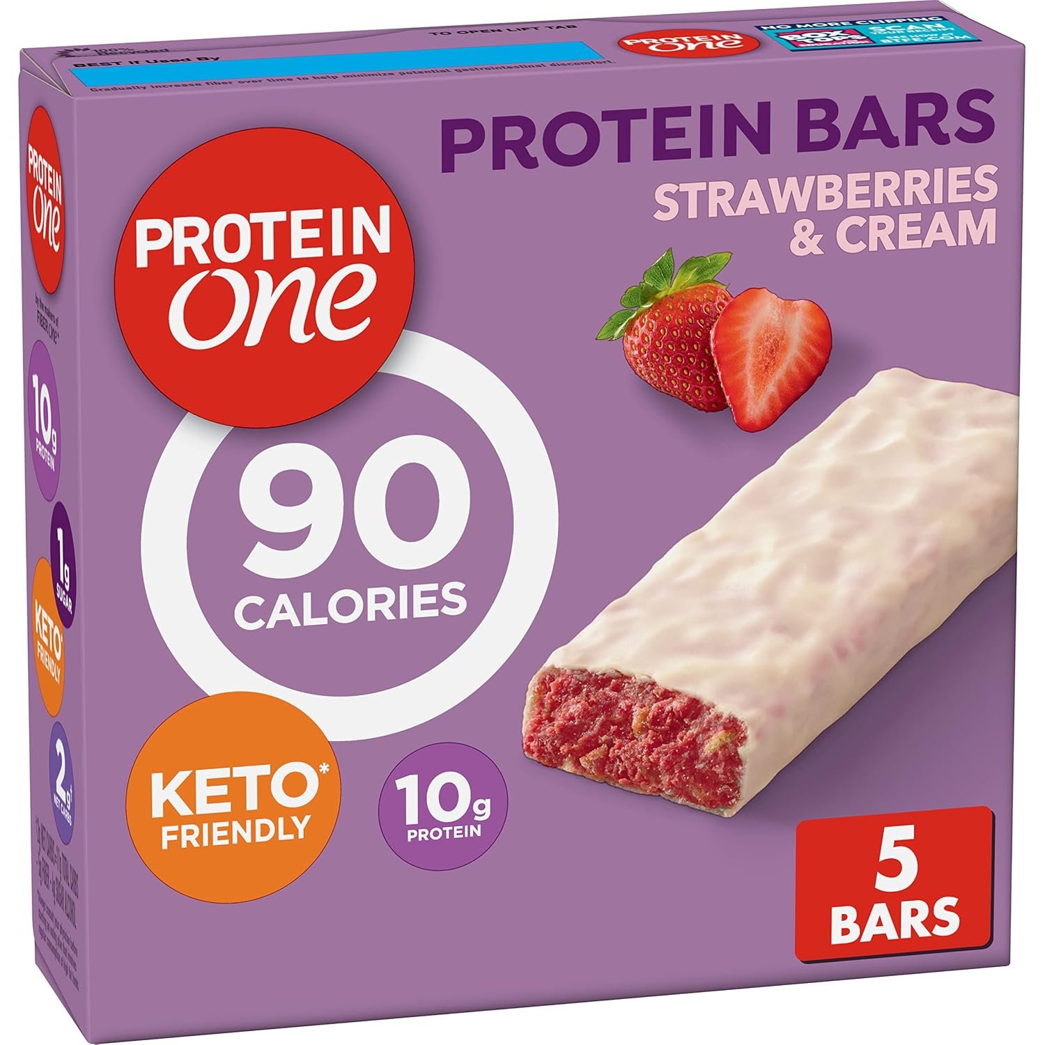 Protein One Strawberries & Cream Protein Bars, GLP-1 Friendly, 5 ct, 4.8 oz | 10g Protein & 5g Fiber Per Bar, 100 Calories, 1g Sugar, Creamy Coating