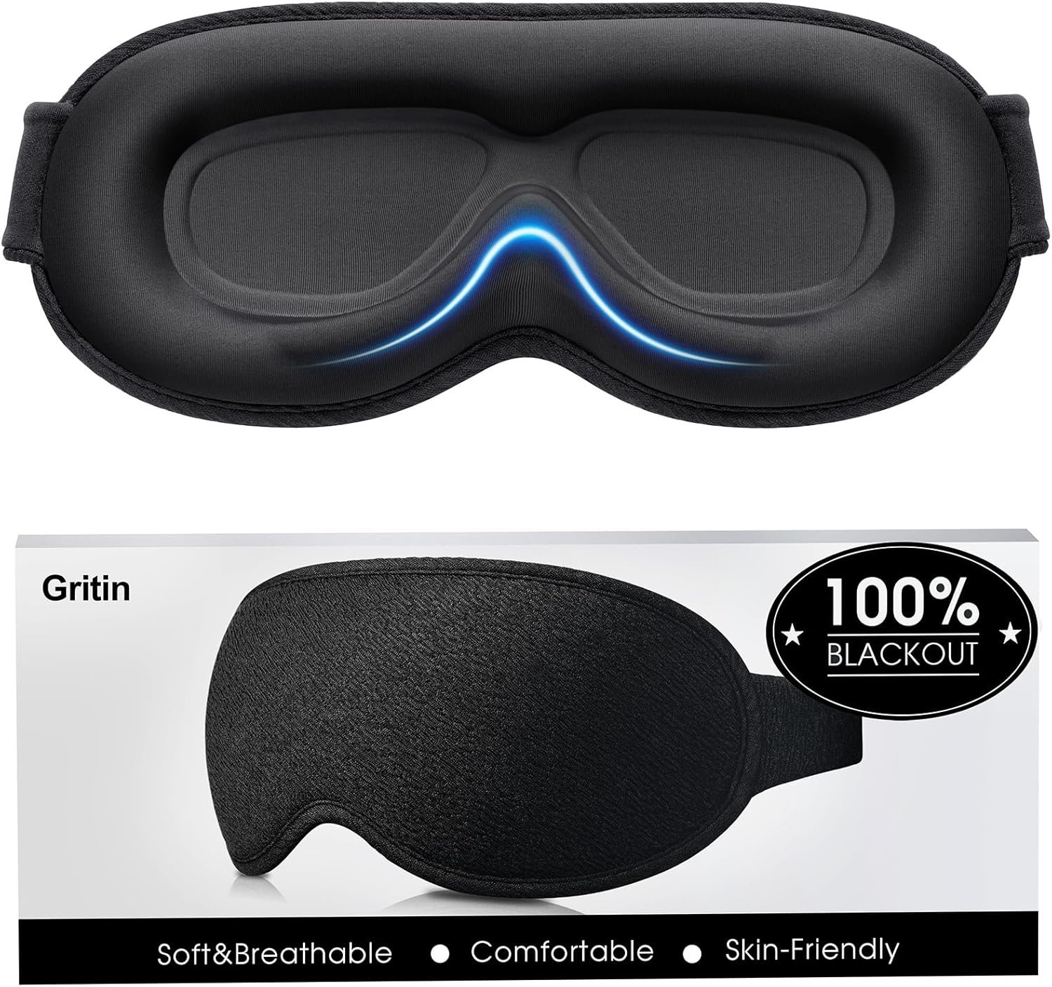 Gritin 100% Blackout Sleep Eye Mask for Women Men, Zero Pressure Sleep Mask | Ergonomic Design 3D Cutout Eye Movement and Eyelash Friendly Night Blindfold, Ultra Soft Comfortable for Sleeping
