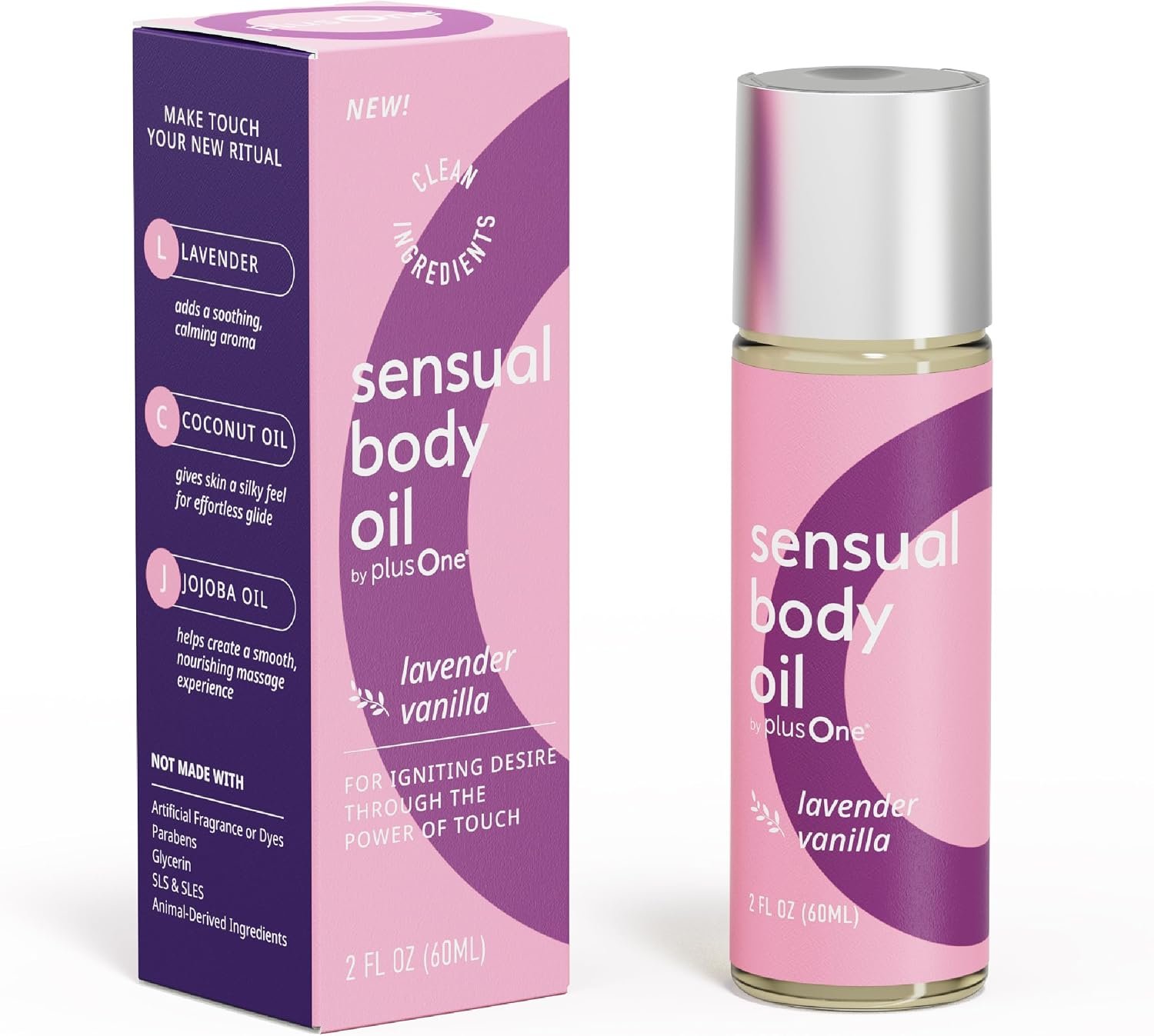 plusOne Sensual Body Oil – Lavender Vanilla Massage & Intimate Oil, 2 fl oz | Plant-Based Blend with Coconut, Jojoba & Sweet Almond Oil, Vegan & Cruelty-Free