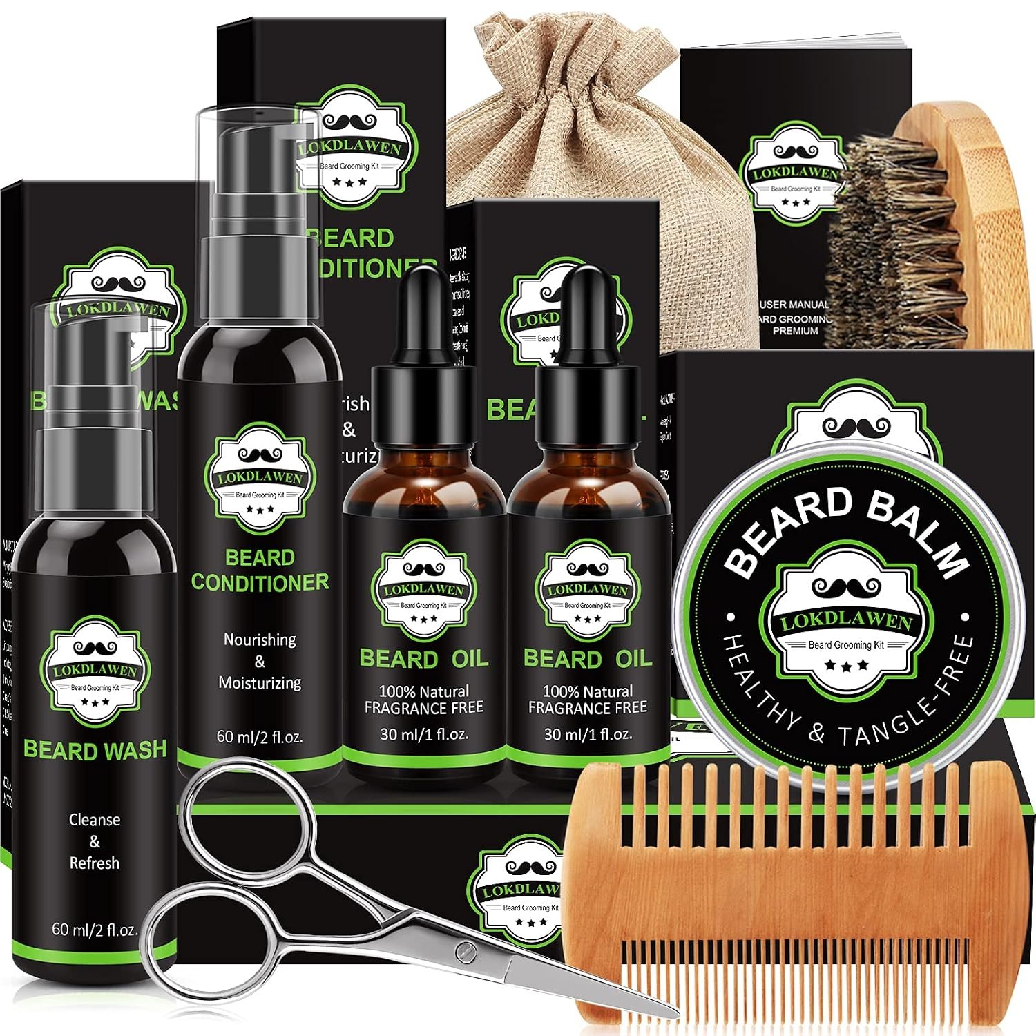 Beard Kit for Men Fathers Day Dad Gifts with Beard Wash, Beard Conditioner, Beard Oil, Beard Balm, Brush, Comb, Scissors, Storage Bag, Gifts for Men Dad Husband Boyfriend