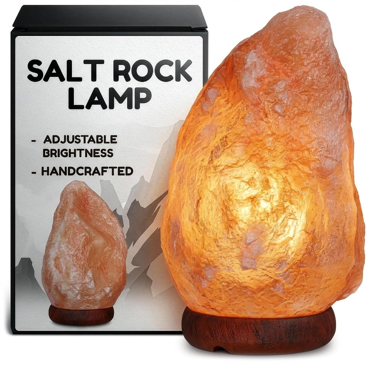 Himalayan Salt Rock Lamp with Dimmer, 5.5-7 in, Wood Base & Bulb | Salt Lamp Night Light; Hand-Carved Pink Himalayan Rock for Dimmable Warm Amber Glow; for Bedroom, Living Room & Meditation