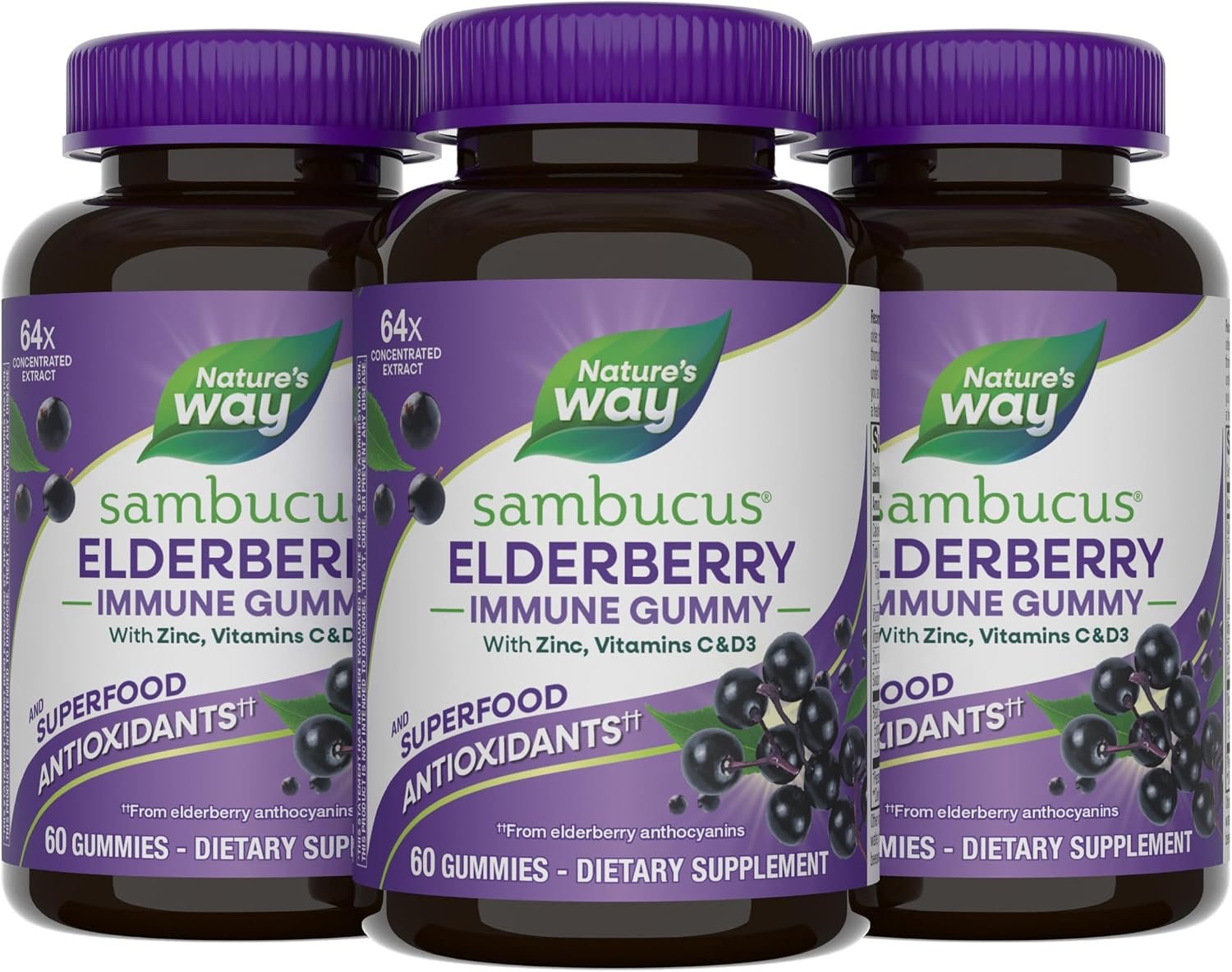Nature’s Way Sambucus Elderberry Gummies, Immune Support Ages 4+, 60 ct x3 | Immune Gummy with Black Elderberry Extract, Vitamin C, D3, Zinc, and Superfood Antioxidants*, Adults & Kids Ages 4+