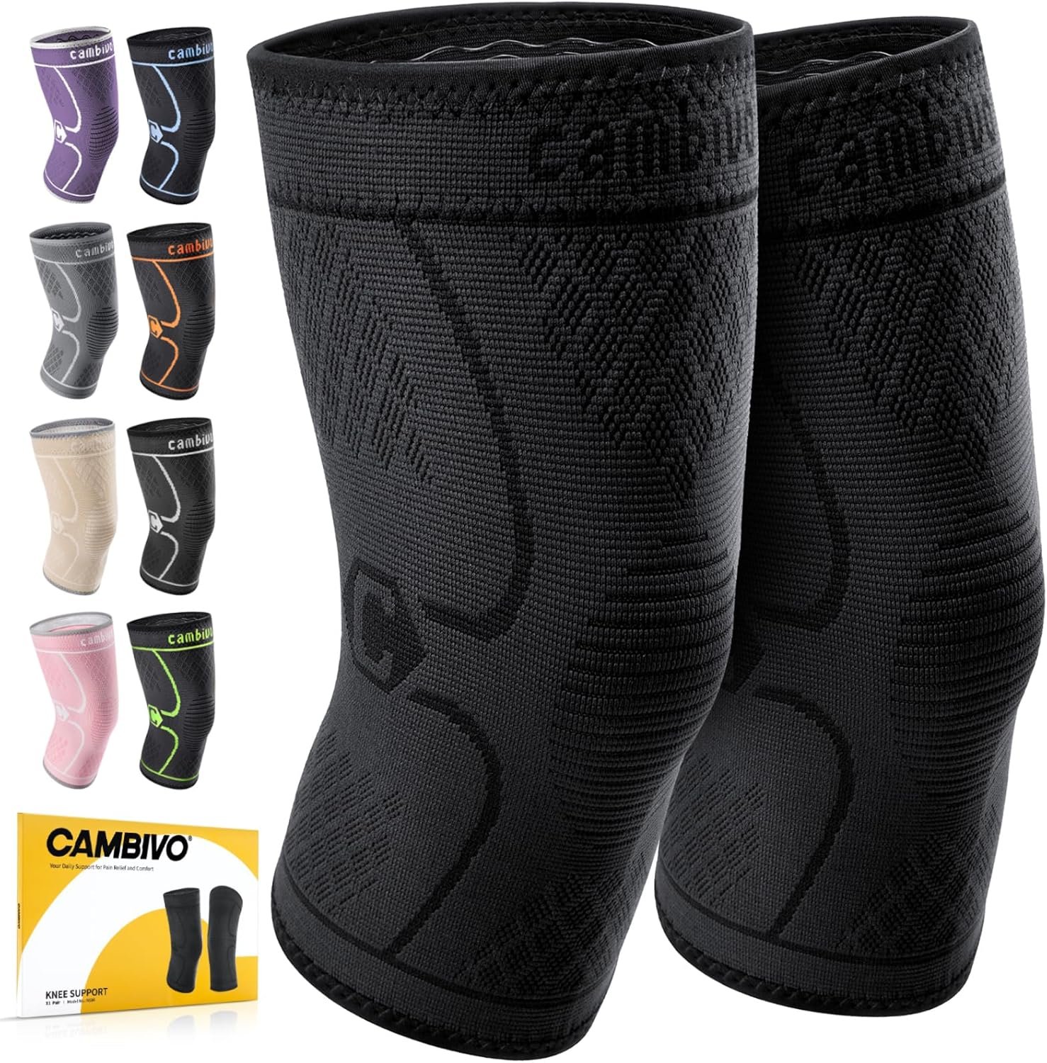 CAMBIVO 2 Pack Knee Braces for Women & Men, Knee Compression Sleeves for Knee Pain Relief, Knee Support with Non-Slip Silicone, Breathable, for Running, Workout, Weightlifting & Daily Use, Arthritis Support (Black, Medium)