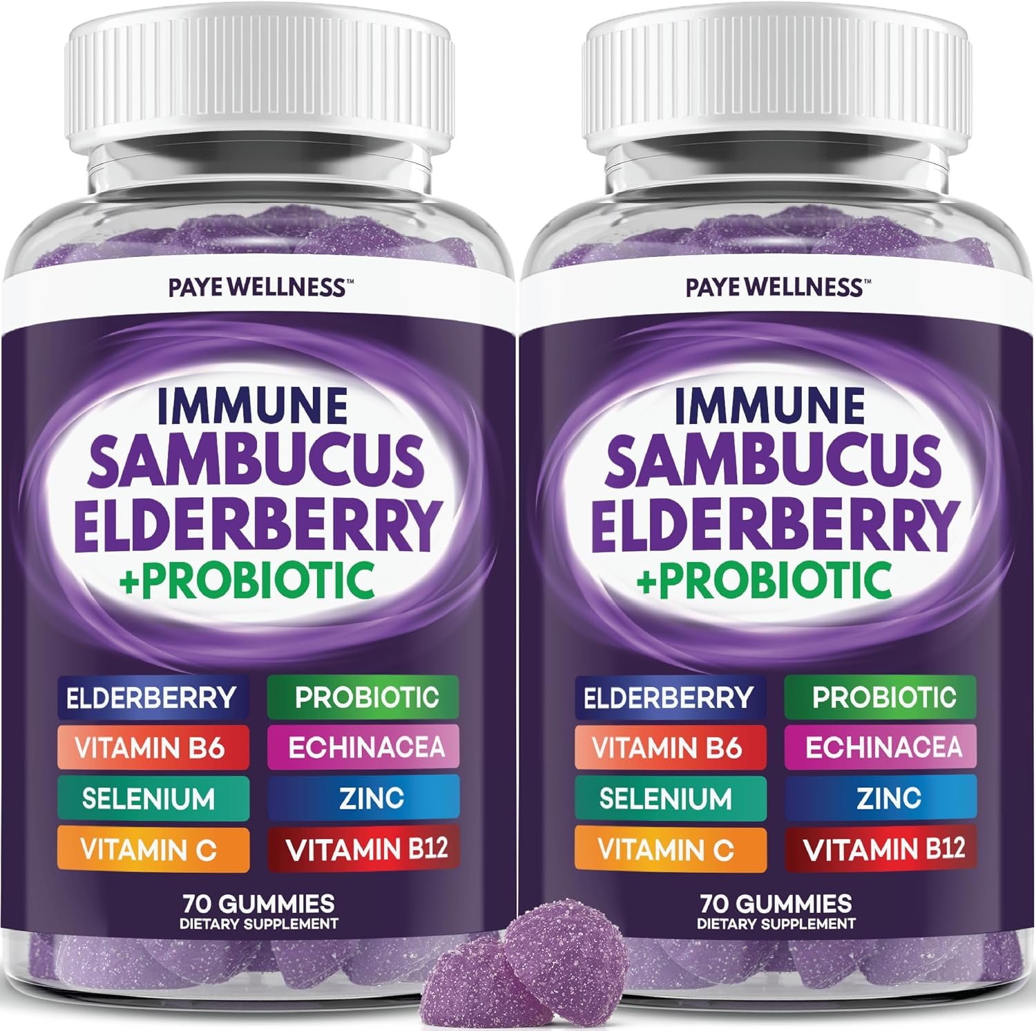 PAYÉ Elderberry Gummies, Vitamin C Immune Support Supplement + Probiotic Gut Health – Sambucus, Echinacea, Vitamin B, Zinc, Selenium, 140 Gummies for Adults and Kids