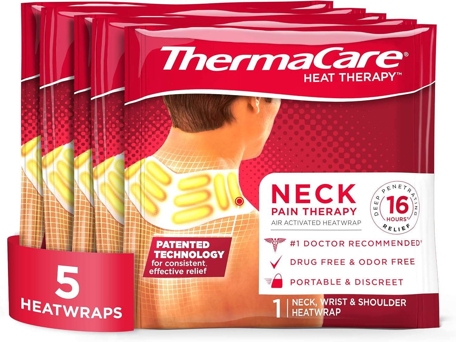 ThermaCare Heat Wraps for Neck & Shoulder Pain Relief – 16-Hour Heat Therapy Heating Pads, Adhesive Heat Patches for Muscle & Joint Pain – Flexible Fit for Comfort & Extended Wear – 5 Count