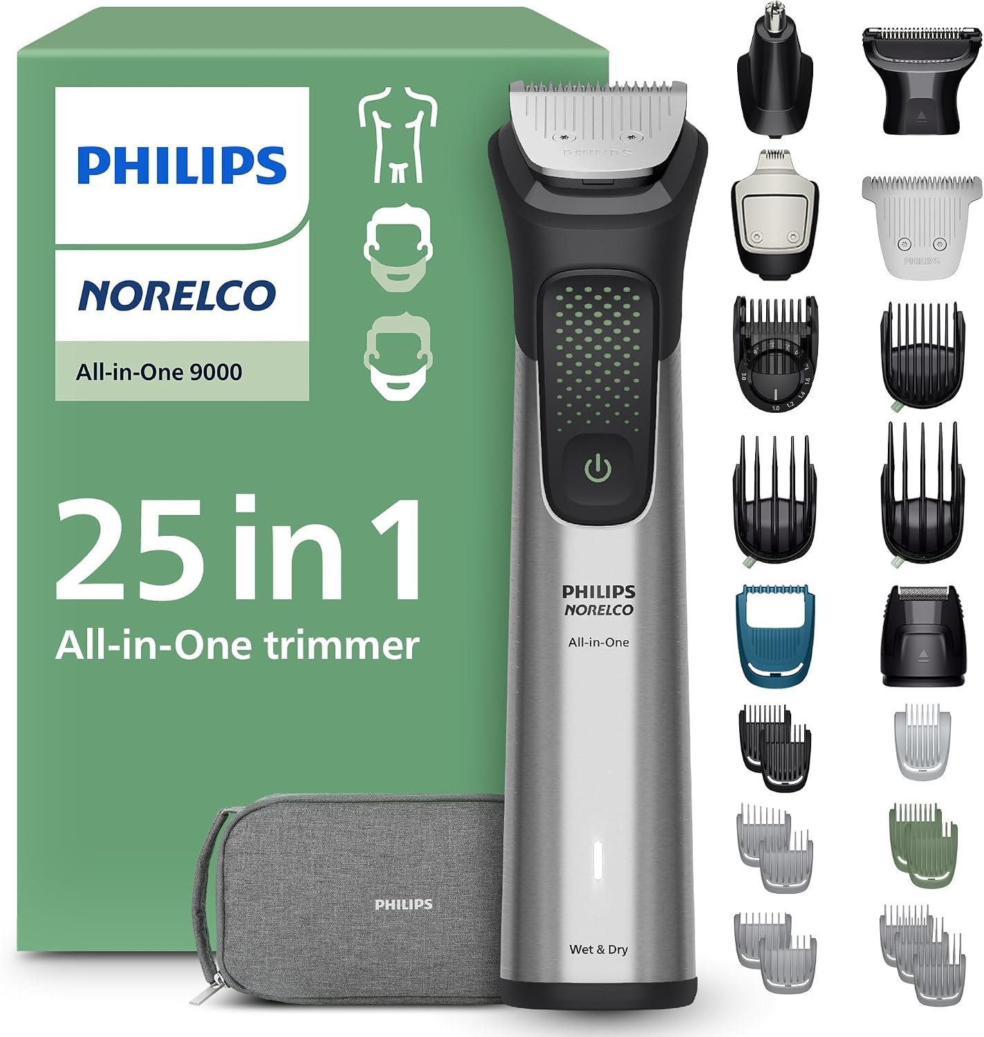 Norelco Philips All-in-One 9000 Series 25-Piece Trimmer – Electric Shaver and Clipper for Face, Beard, Head & Body, Self-Sharpening Full Metal Blades, 27 Length Settings (0.5-20 mm), MG9580/40