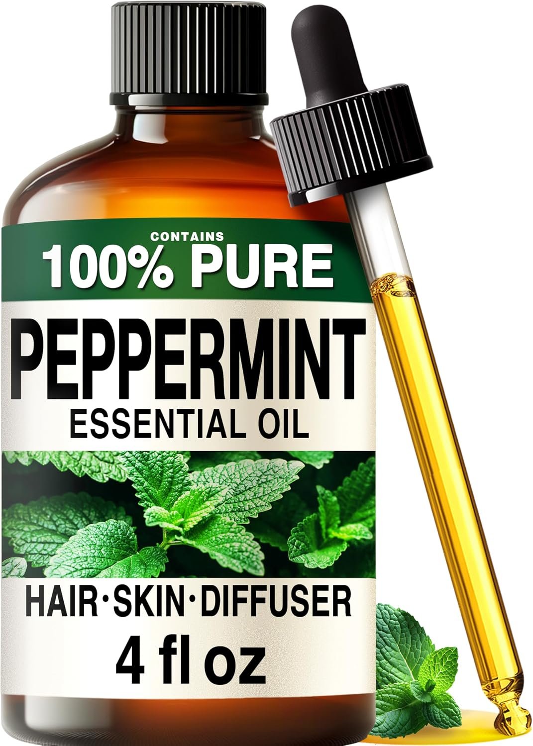 100% Pure Peppermint Essential Oil 4 Fl Oz – for Hair, Skin and Diffuser | Undiluted Mint Oil, Steam Distilled, GC/MS Tested, Non-GMO – for Aromatherapy, Scalp Care, Massage Blends