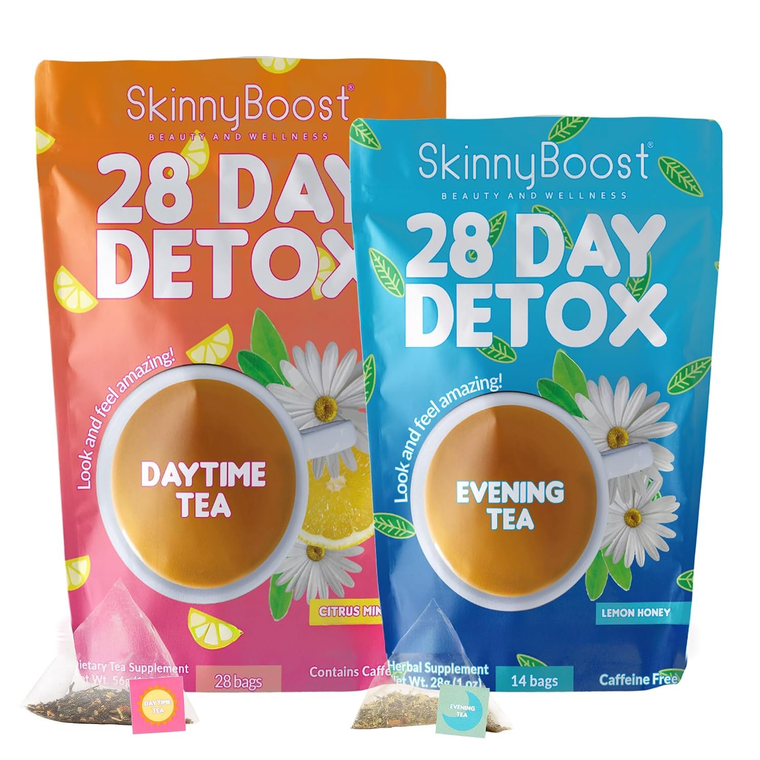 Skinny Boost Detox Tea Kit – Slimming Tea for Weight Loss & Bloating | Colon Cleanse – Green Tea, Herbal, Vegan, Keto, Non-GMO, Sugar-Free-2 PACK –1 Daytime (28 Bags) + 1 Evening -(14 Bags)