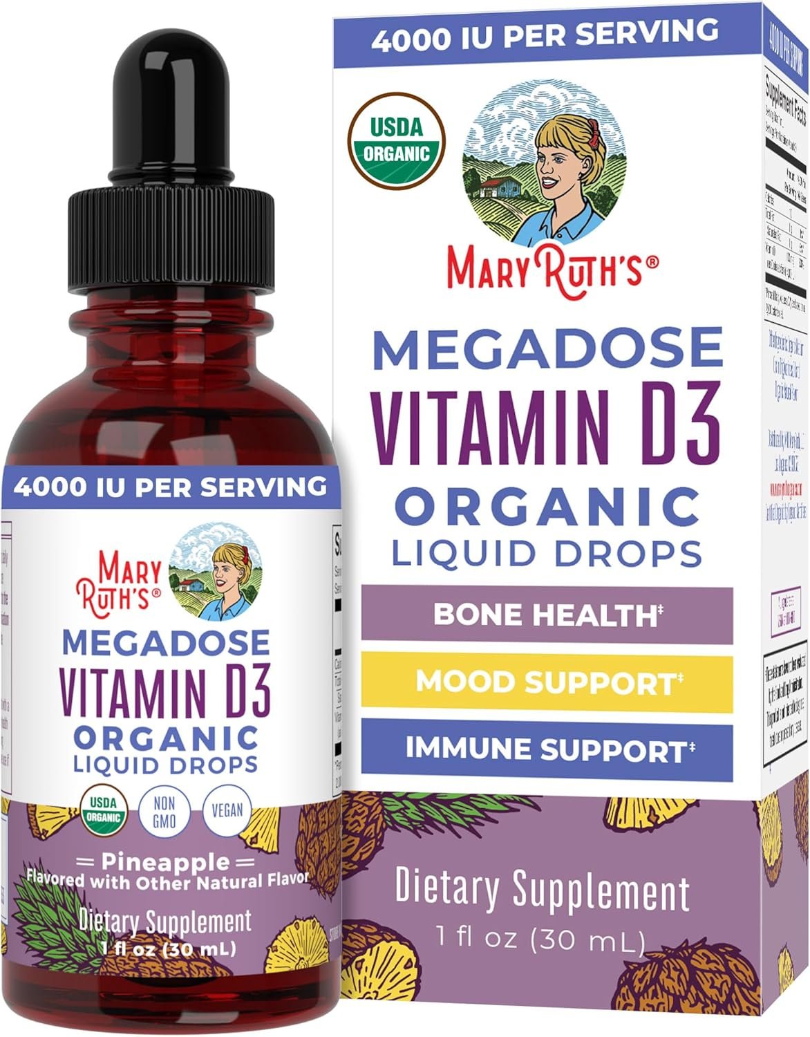 MARYRUTH’S Megadose Vitamin D3 Drops, Vitamin D 4000 IU, Vegan, 30 Servings | USDA Organic, For Adults & Kids, Immune Support & Bone Health, Vegan, Gluten Free
