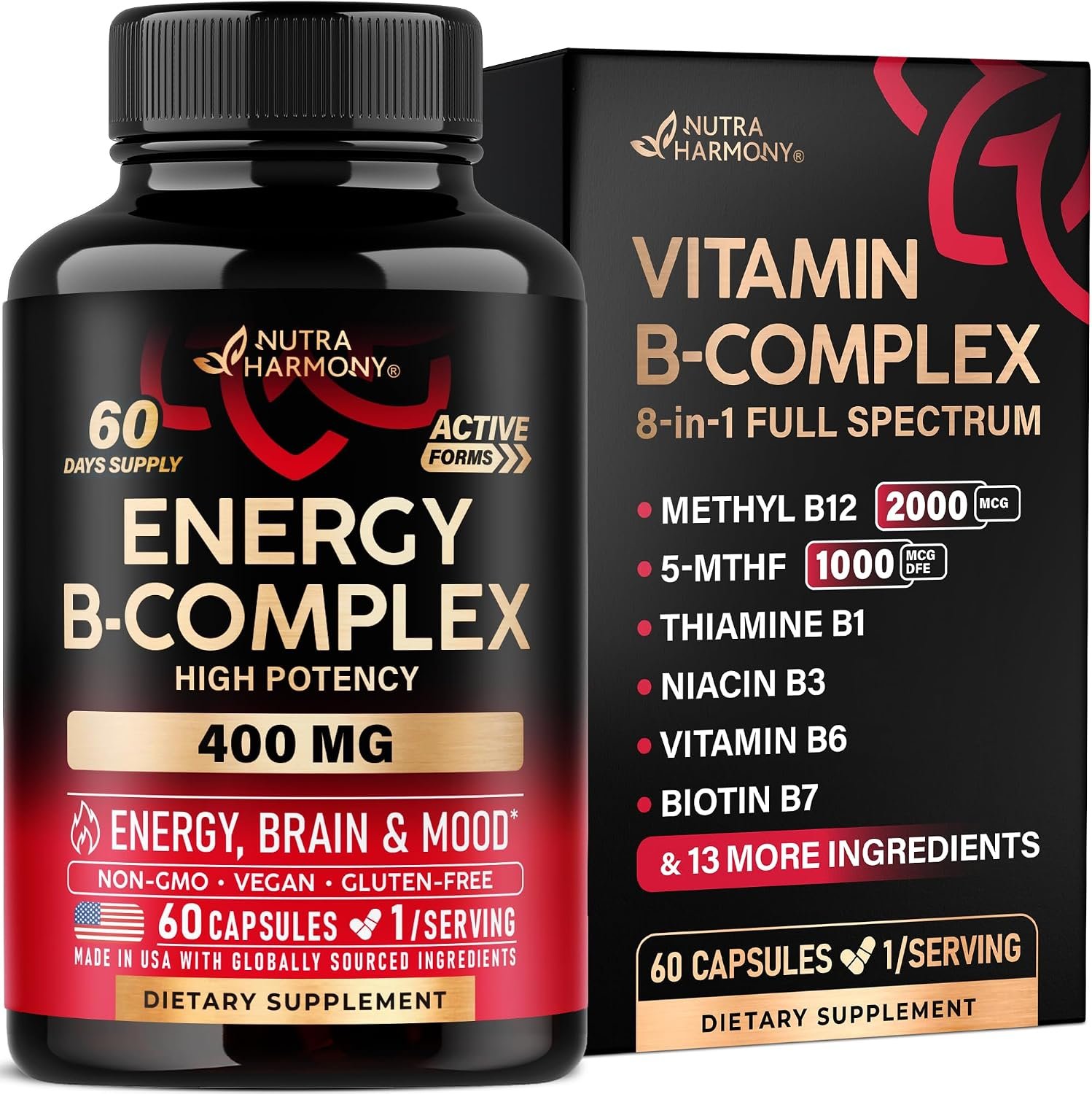 Vitamin B Complex: B1, B2, B3, B5, B6, B7, B12, 5MTHF + Whole Food – 60Caps | Vitamin B-Complex for Women & Men – Energy, Metabolism & Brain – Vegan, Lab Tested – 60-Day Supply
