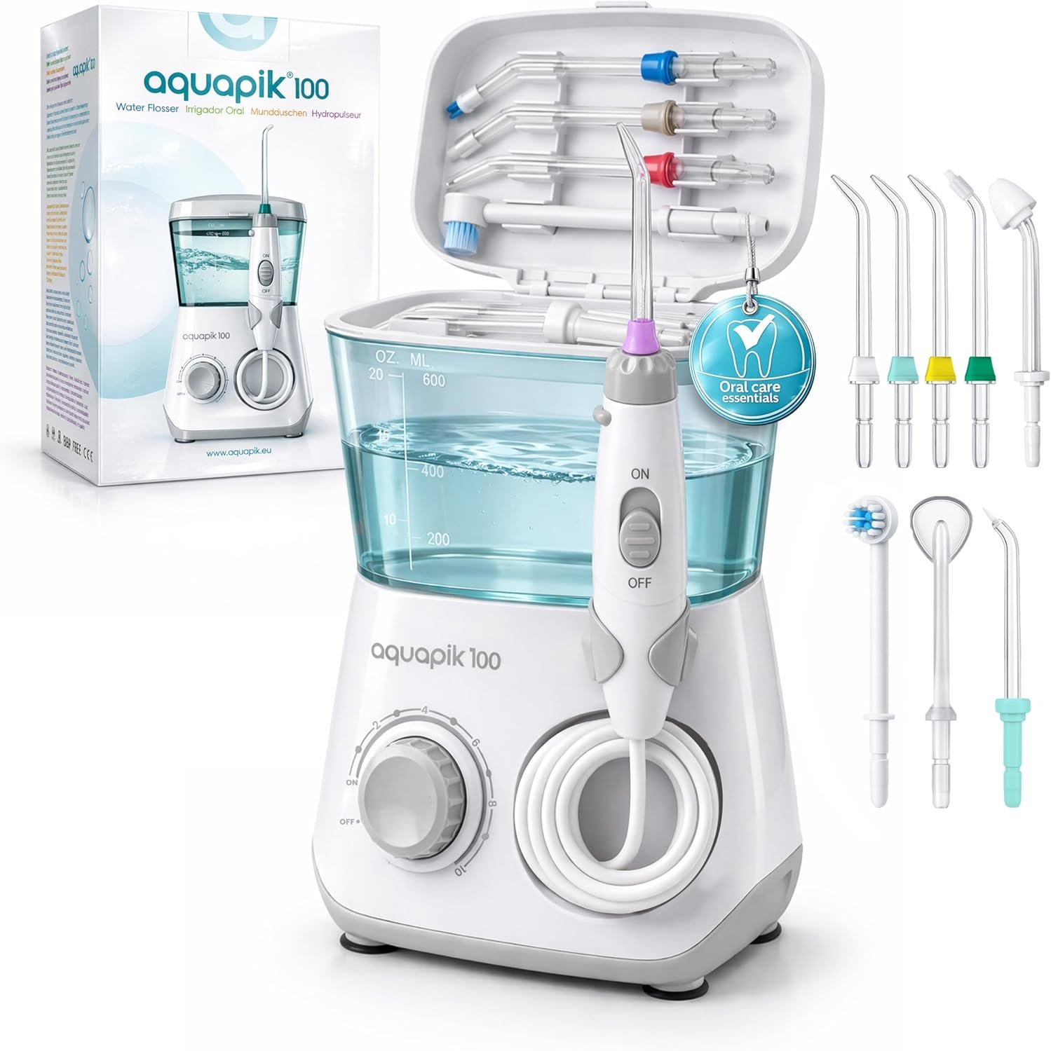 Bostontech Aquapik 100 Countertop Water Flosser for Teeth, 600 ml Corded Oral Irrigator with 10 Pressure Levels, 8 Nozzles Including Nasal Tip, 360° Tip, for Braces, Implants, Gums, White