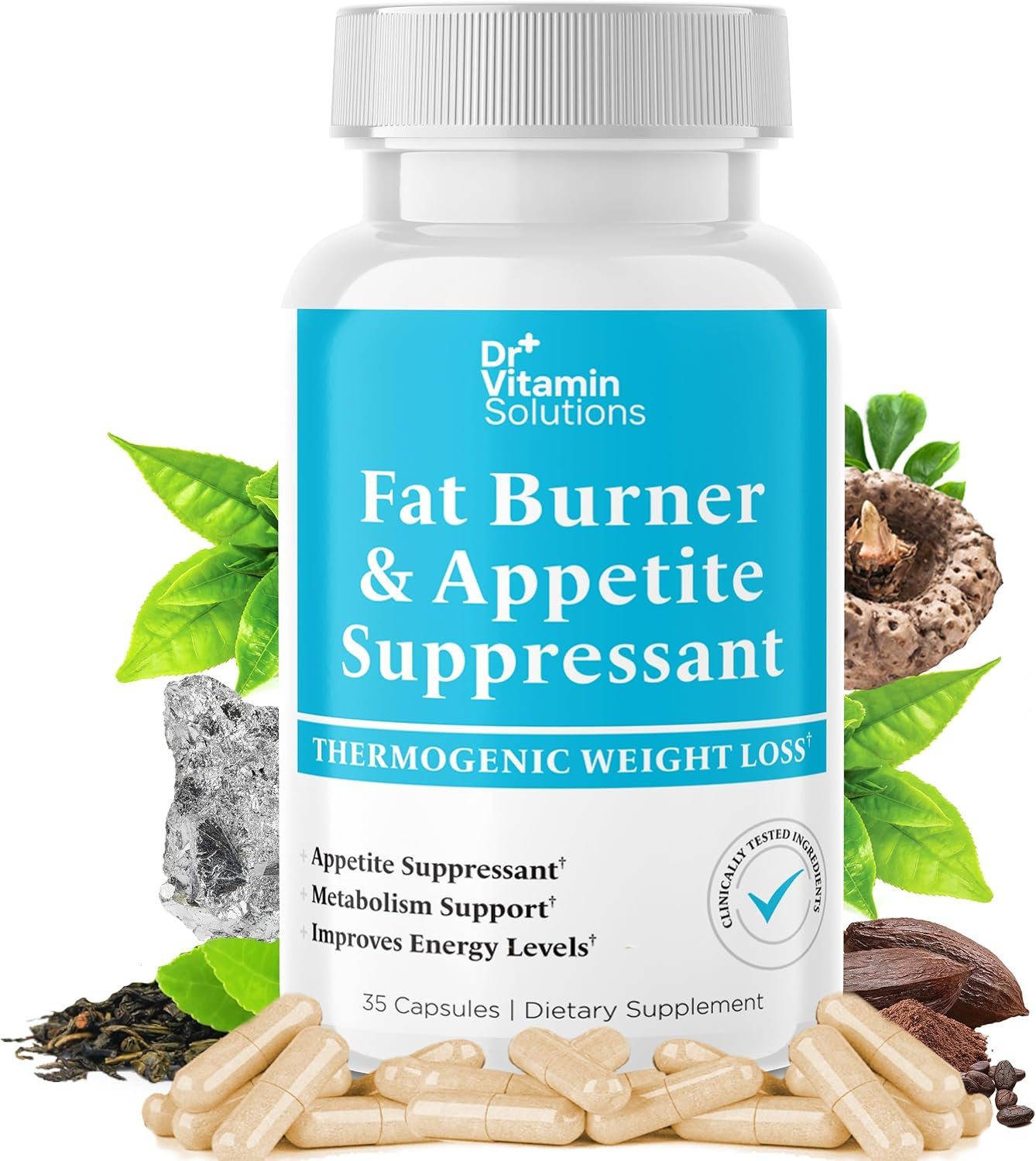 Fat Burner & Appetite Suppressant for Weight Loss Diet Pills Women & Men, Thermogenic Metabolism Booster, Glucomannan, Chromium, Caffeine, Green Tea, Non-GMO, Made in USA, 35 Capsules (35 Day Supply)
