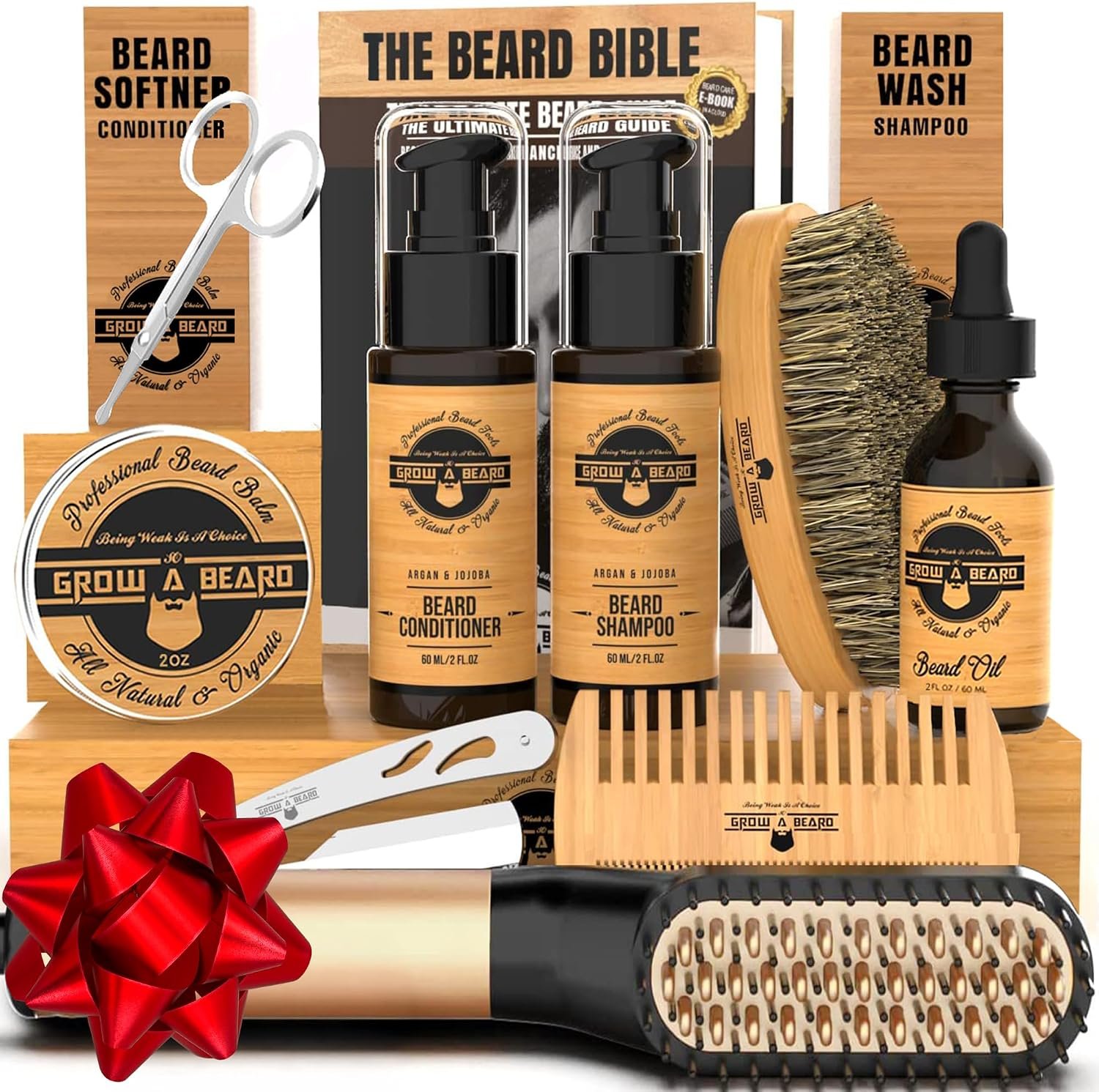 Beard Straightener Grooming Kit for Men, Beard Growth Kit, Wash, Brush & Comb, Unscented Growth Oil, All Natural Sandalwood Balm, Conditioner, Razor & Scissors, Great Gift Idea for Men’s (Bamboo)