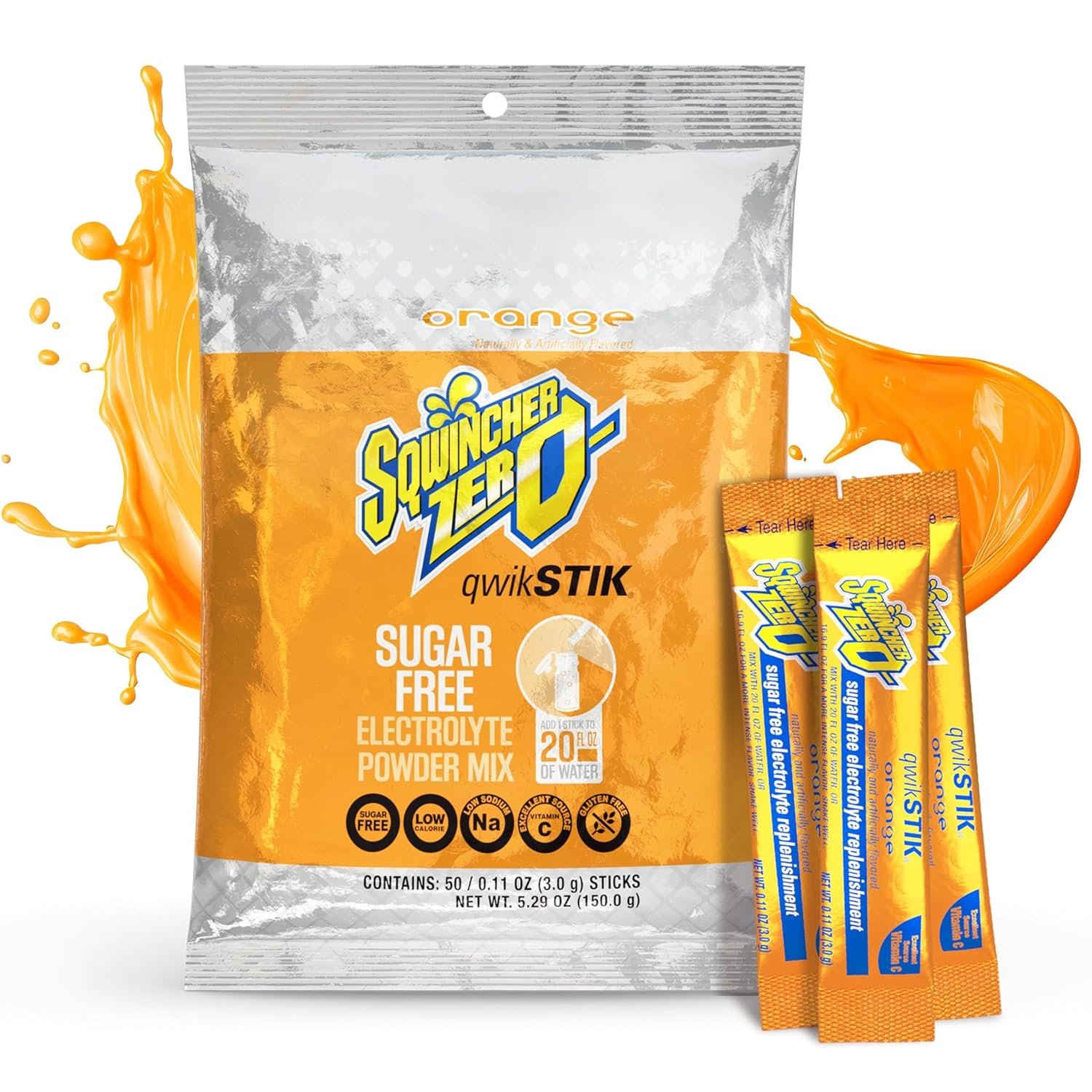 Sqwincher Zero Qwik Stik, Orange, Sugar Free, Low Calorie, Sodium Electrolyte Powder Hydration Drink Mix, .11 0z Packet (Pack of 50) | Zero sugar electrolyte mix, fast-dissolving single-serve sticks, just add to 20oz water bottle for quick on-the-go hydration