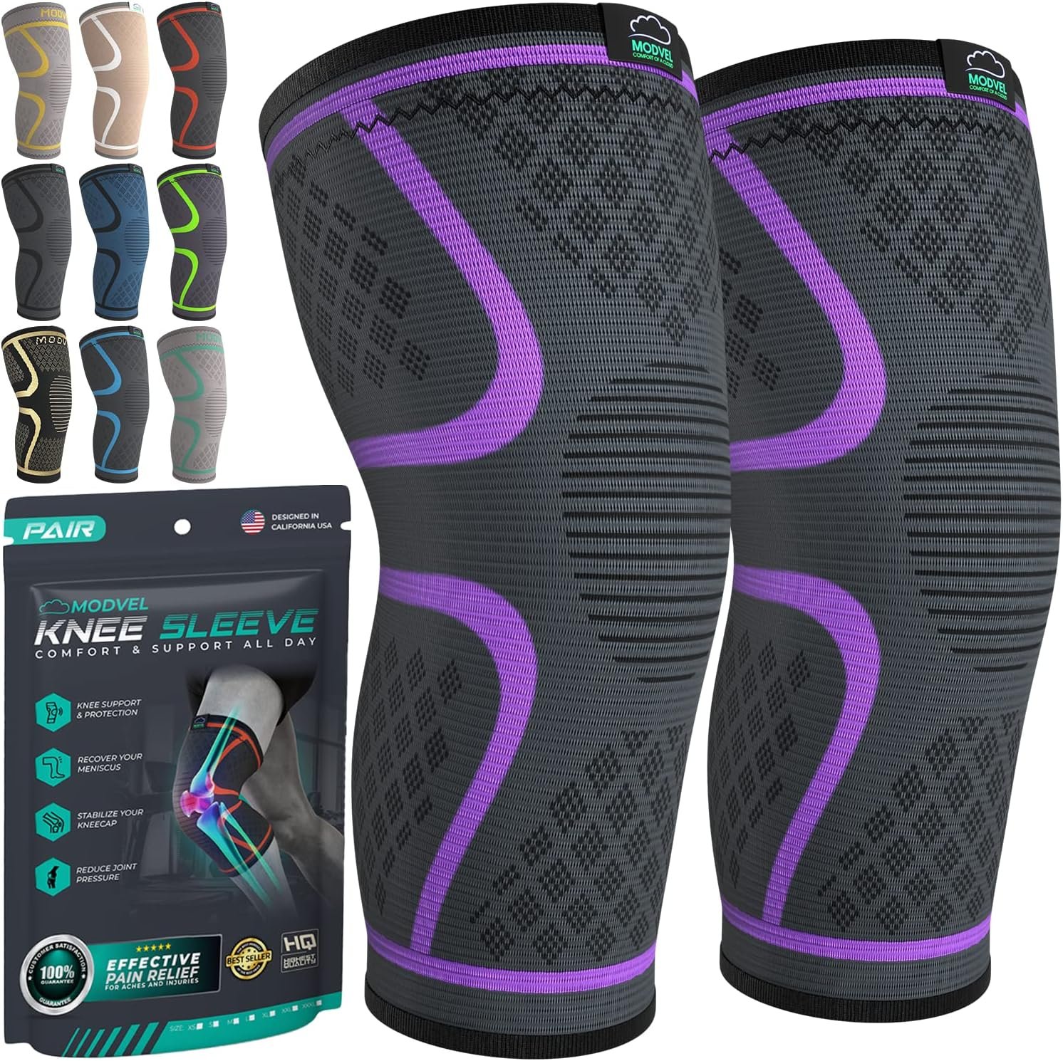 Modvel Compression Knee Brace for Women & Men – 2 Pack Knee Brace for Women Running Knee Pain, Knee Support Compression Sleeve, Workout Sports Knee Braces for Meniscus Tear ACL & Arthritis Pain Relief