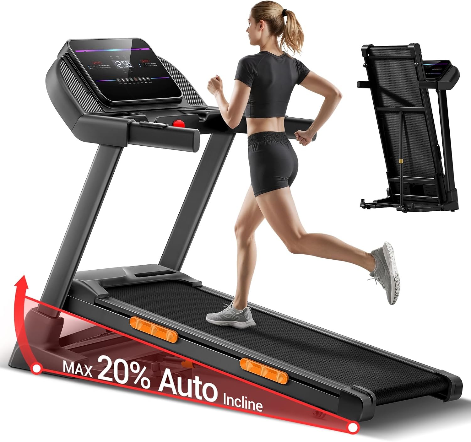 UMAY Fitness Treadmill with 0%/20% Auto/Manual Incline | Treadmills for Home Folding with Pulse Sensors, 300/350/400LBS Capacity, Max 4.0HP Quiet Brushless & 8.0/8.7/9.5MPH