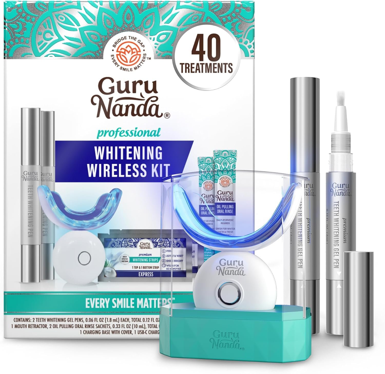 GuruNanda Teeth Whitening Kit – 8% Hydrogen Peroxide Teeth Whitening Gel Pen & Advanced Wireless LED Accelerator Light, Upto 10 Shades Whiter Teeth, Professional Dentist-Inspired System, 40 Treatments
