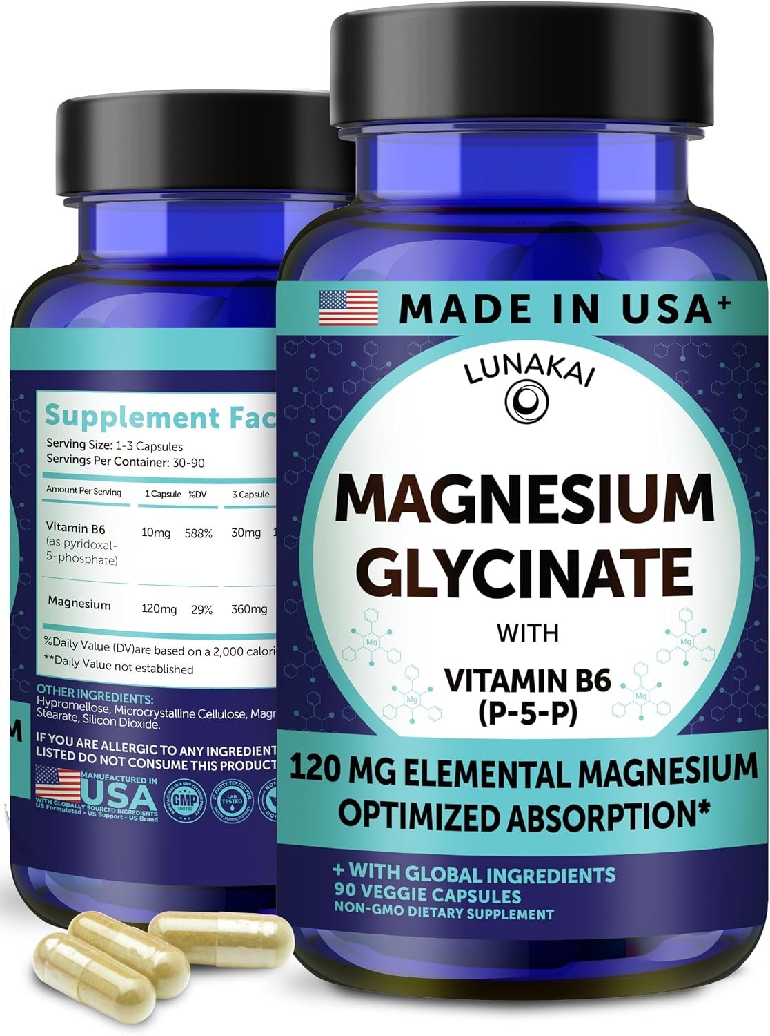 Lunakai USA Made Pure Magnesium Glycinate Capsules 120mg Elemental with B6 (P-5-P) – High Absorption Magnesium Supplement for Women & Men – Daily Sleep & Muscle Support, Non-GMO, 90ct