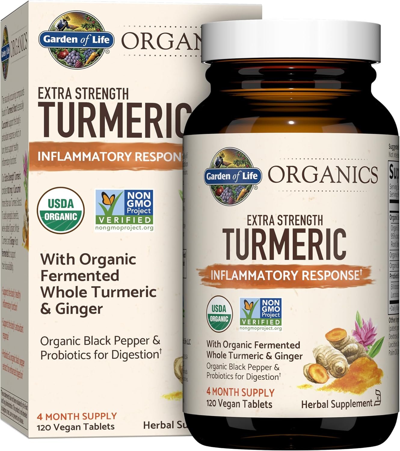 Garden of Life Organics Extra Strength Turmeric Supplement with Probiotics, Curcumin, Ginger Root & Black Pepper – Inflammatory Response & Antioxidant Support, Non-GMO, Gluten-Free, Vegan, 120 Tablets