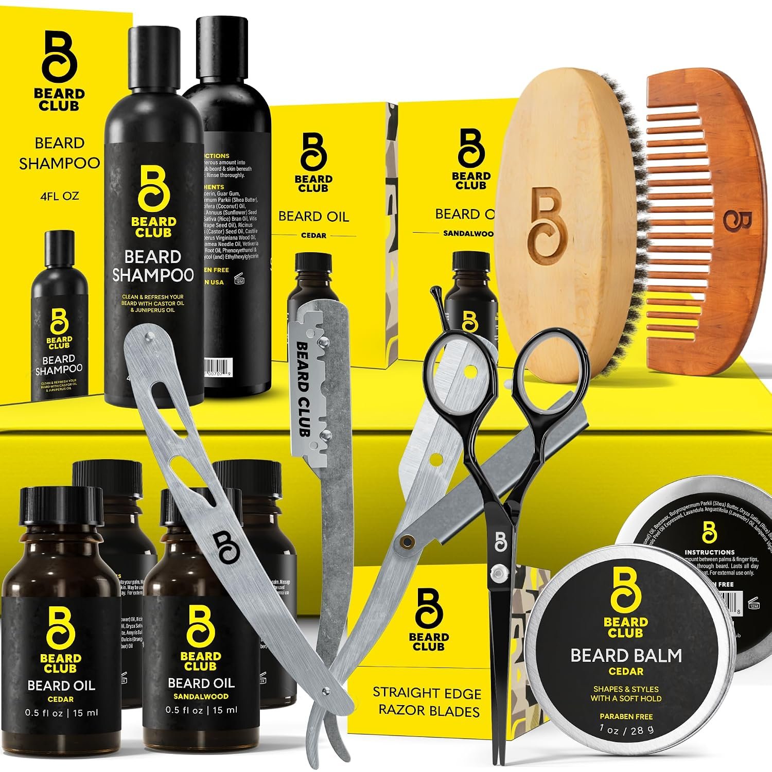 The Beard Club Beard Kit for Men – Grooming & Care Kit – Cedar & Sandalwood Oil, Cedar Balm, Shampoo, Brush, Comb, Trimming Scissors, Straight Edge Razor – Gift Set