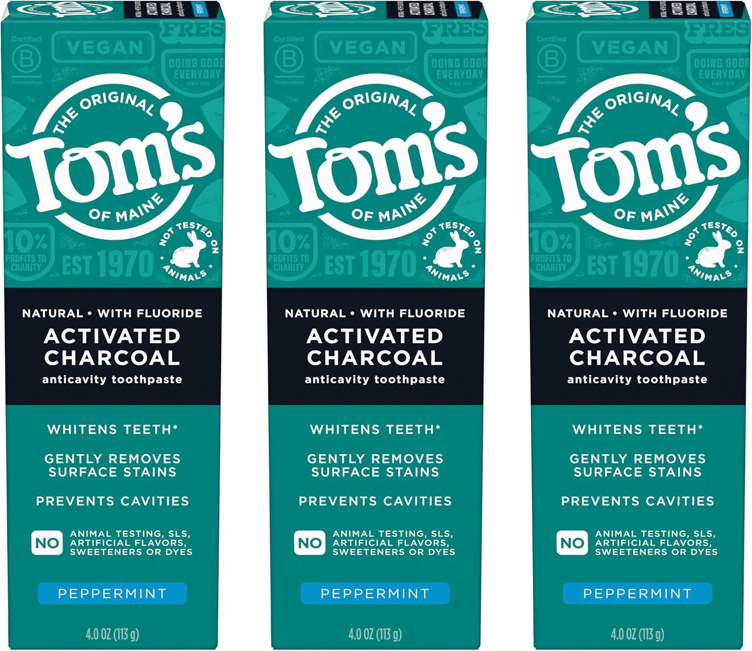 Tom’s of Maine Activated Charcoal Fluoride Toothpaste, 3 Pack, 4 oz | Peppermint, Natural, Whitens Teeth, Gently Removes Surface Stains, SLS Free, No Artificial Dyes, Flavors, or Sweeteners