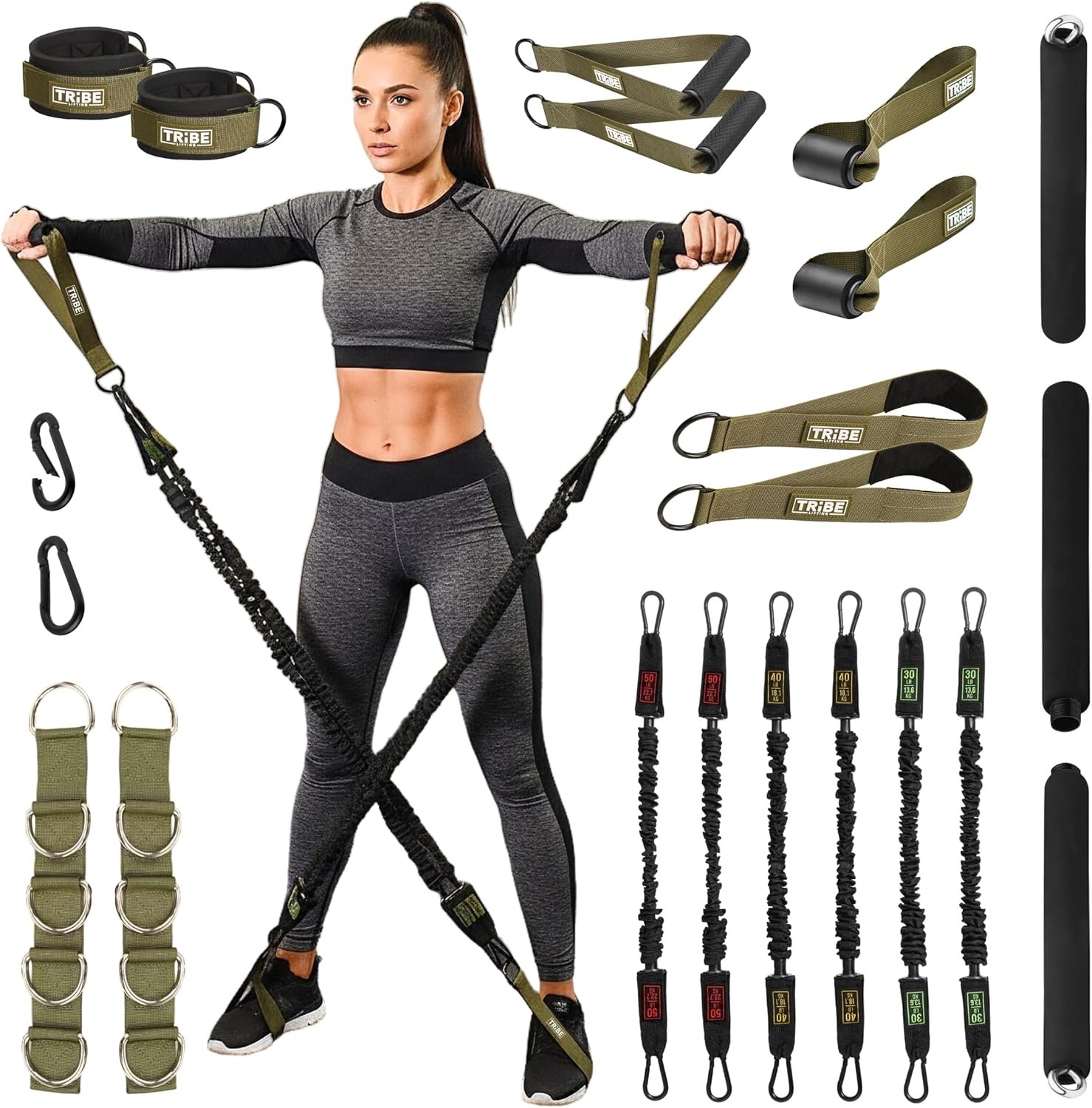 Tube Resistance Bands Set with Handles, Bar, Ankle Straps and Door Anchor | 180 lb exercise bands for working out, ideal for full-body strength training at home or on the go for men and women