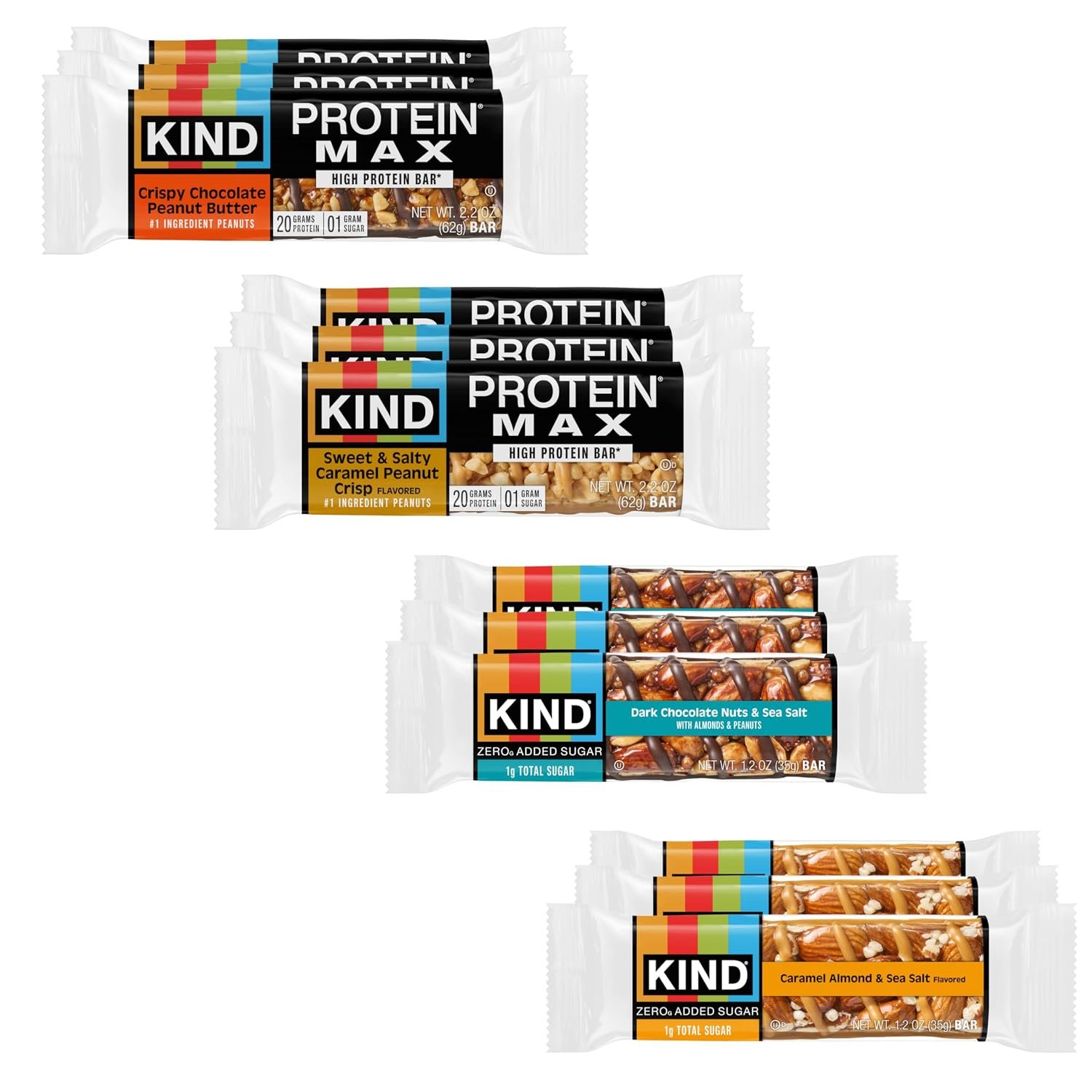 KIND Protein MAX and Zero Added Sugar Snack Bars Bundle Pack, Gluten Free, High Fiber, Keto Snacks, 4 Flavors, 5-20g Protein, 12 Count
