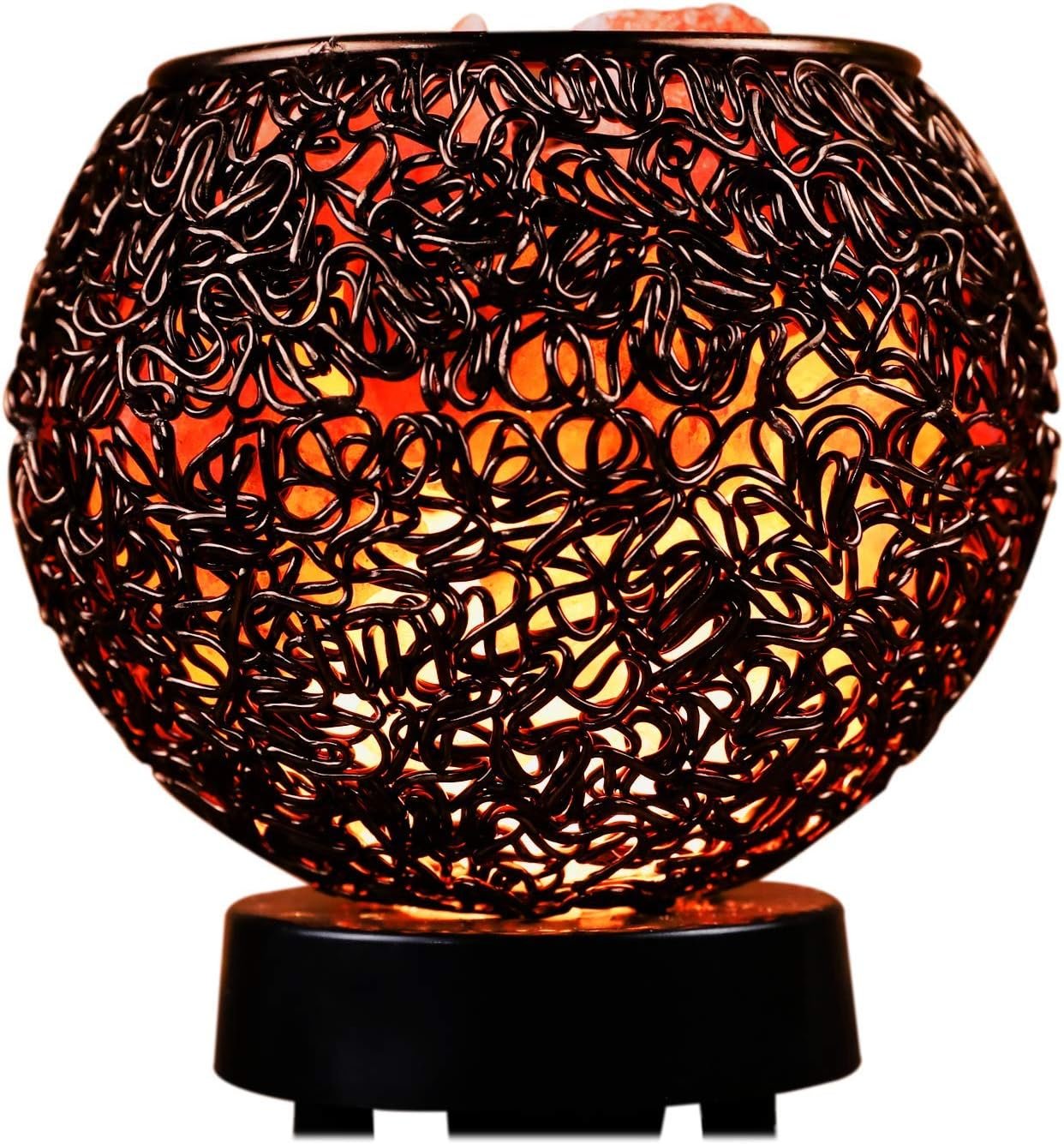 Plemo Natural Himalayan Salt Lamp with Genuine Wood Base in Classic Round Metal Basket with Dimmable Cord and Luxury Gift Box