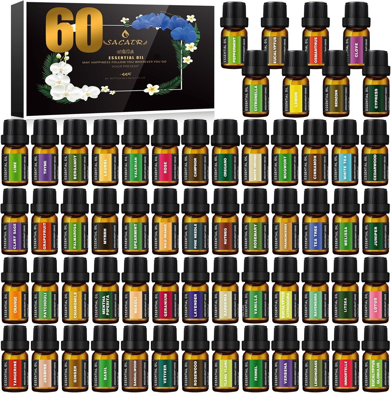 SACATR 60 Pcs Natural Essential Oil Sets,Fragrance Oil Scent (60 * 5ML) | For Diffuser, Humidifiers, Skin Care, Massage, DIY Candle,Soap Making, Festival Gifts