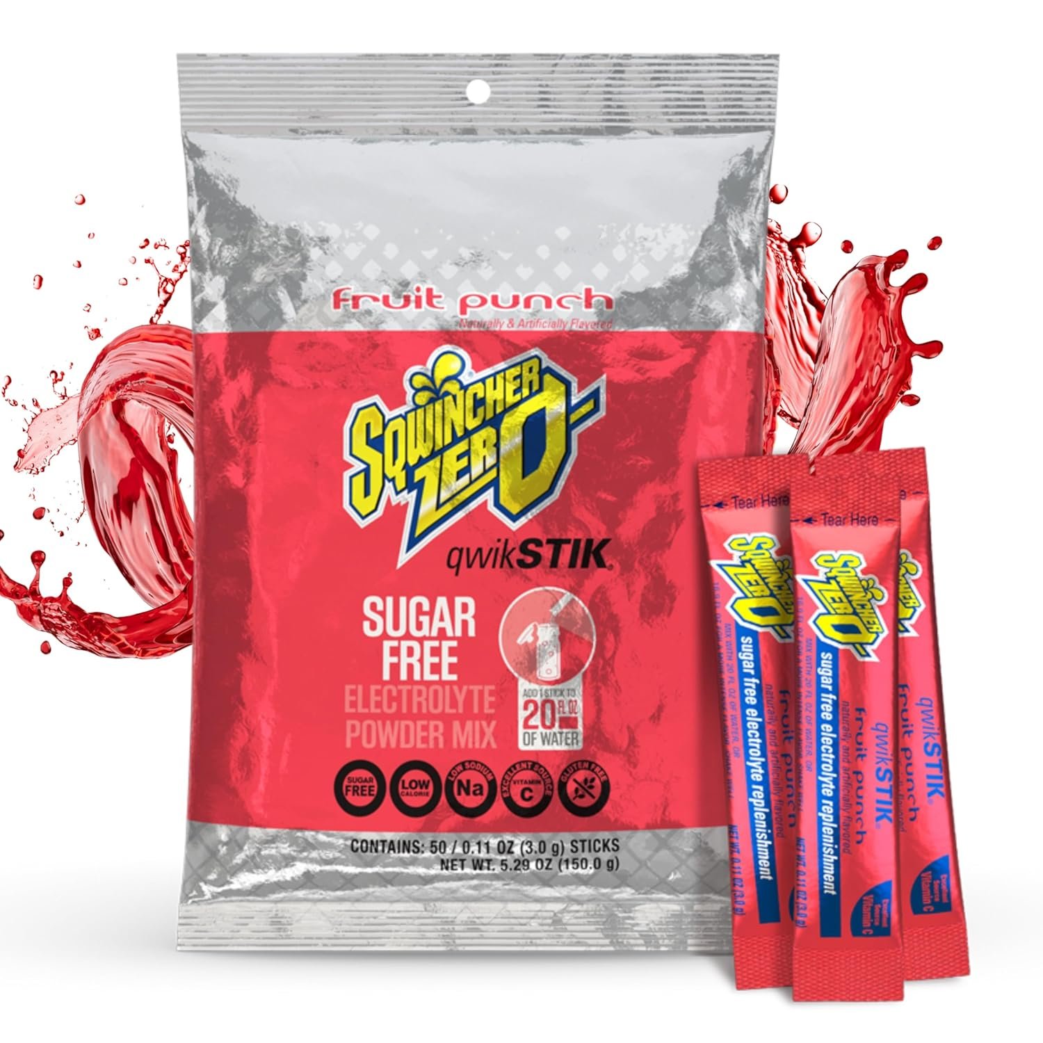 Sqwincher Zero Qwik Stik, Fruit Punch, Sugar Free, Low Calorie, Low Sodium Electrolyte Powder Hydration Drink Mix, .11 0z Packet (Pack of 50) | Zero sugar electrolyte mix, fast-dissolving single-serve sticks, just add to 20oz water bottle for quick on-the-go hydration