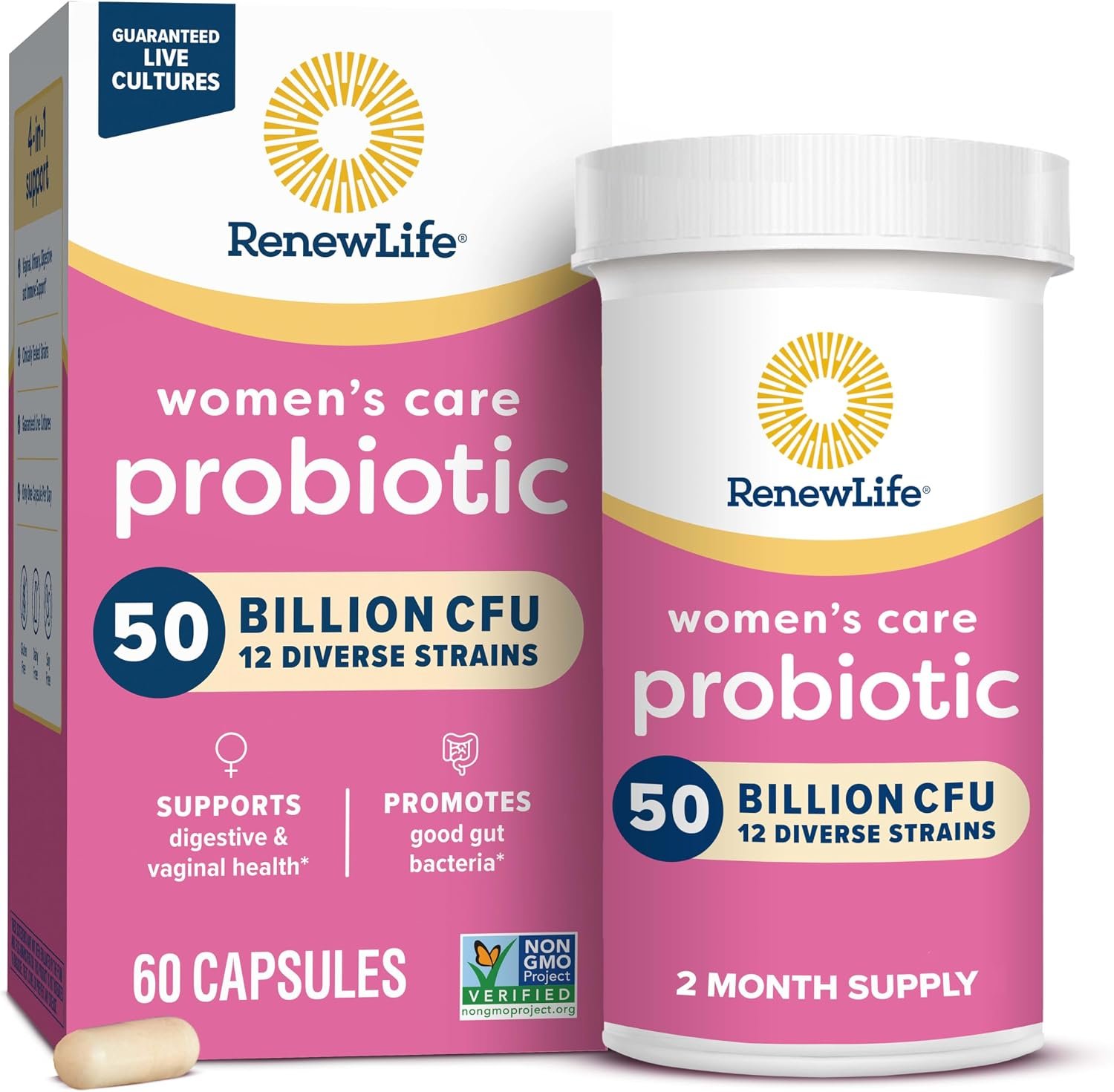 Renew Life Women’s Probiotic Capsules, 50 Billion CFU Guaranteed, Supports pH Balance, Vaginal, Urinary, Digestive and Immune Health(2), L. Rhamnosus GG, Dairy, Soy and Gluten-Free, 60 Count | 60 Vegetarian Capsules | Supports Vaginal pH, Urinary, Digestive & Immune Health | Dairy, Soy and Gluten Free