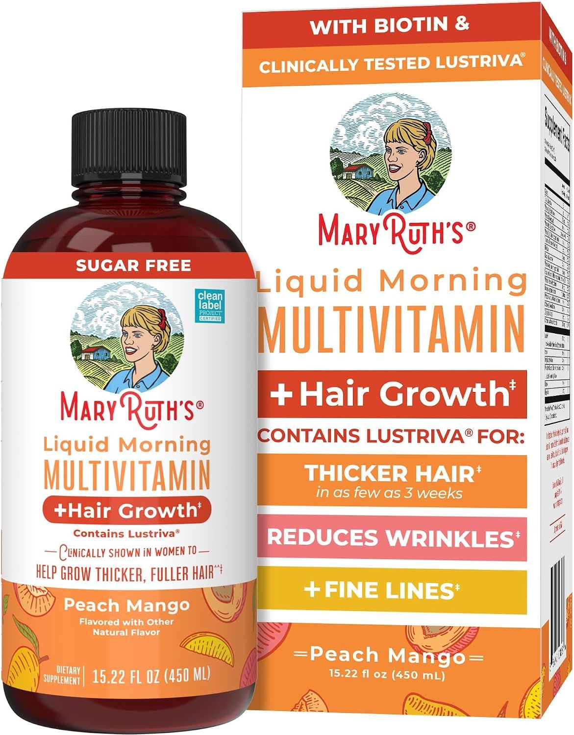 MARYRUTH’S Liquid Multivitamin + Hair Growth | Clinically Tested in Women for Thicker Hair & Facial Wrinkles | Biotin 10000mcg | Lustriva Hair Growth Supplements | Skin Care | Ages 18+ | 15.22 Fl Oz