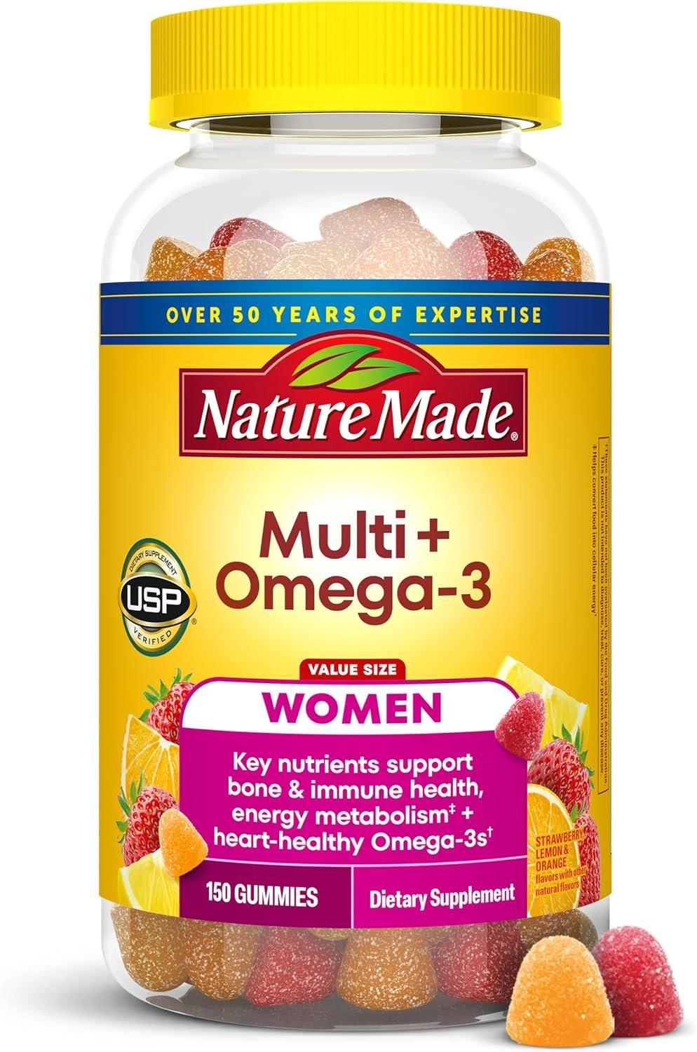 Nature Made Womens Gummy Multivitamins with Omega-3, 150 Gummies | Multivitamin for Women for Daily Nutritional Support, Strawberry, Lemon & Orange Flavors, 75 Day Supply
