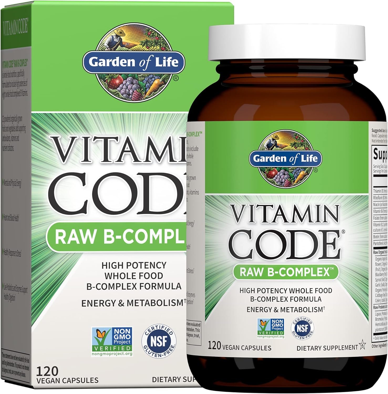 Garden of Life Vitamin B Complex, 120 Vegan Capsules, High Potency Vitamins for Energy & Metabolism with B6, Folate & B12 as Methylcobalamin plus Probiotics | High Potency Vitamins for Energy & Metabolism with B6, Folate & B12 as Methylcobalamin, plus Probiotics