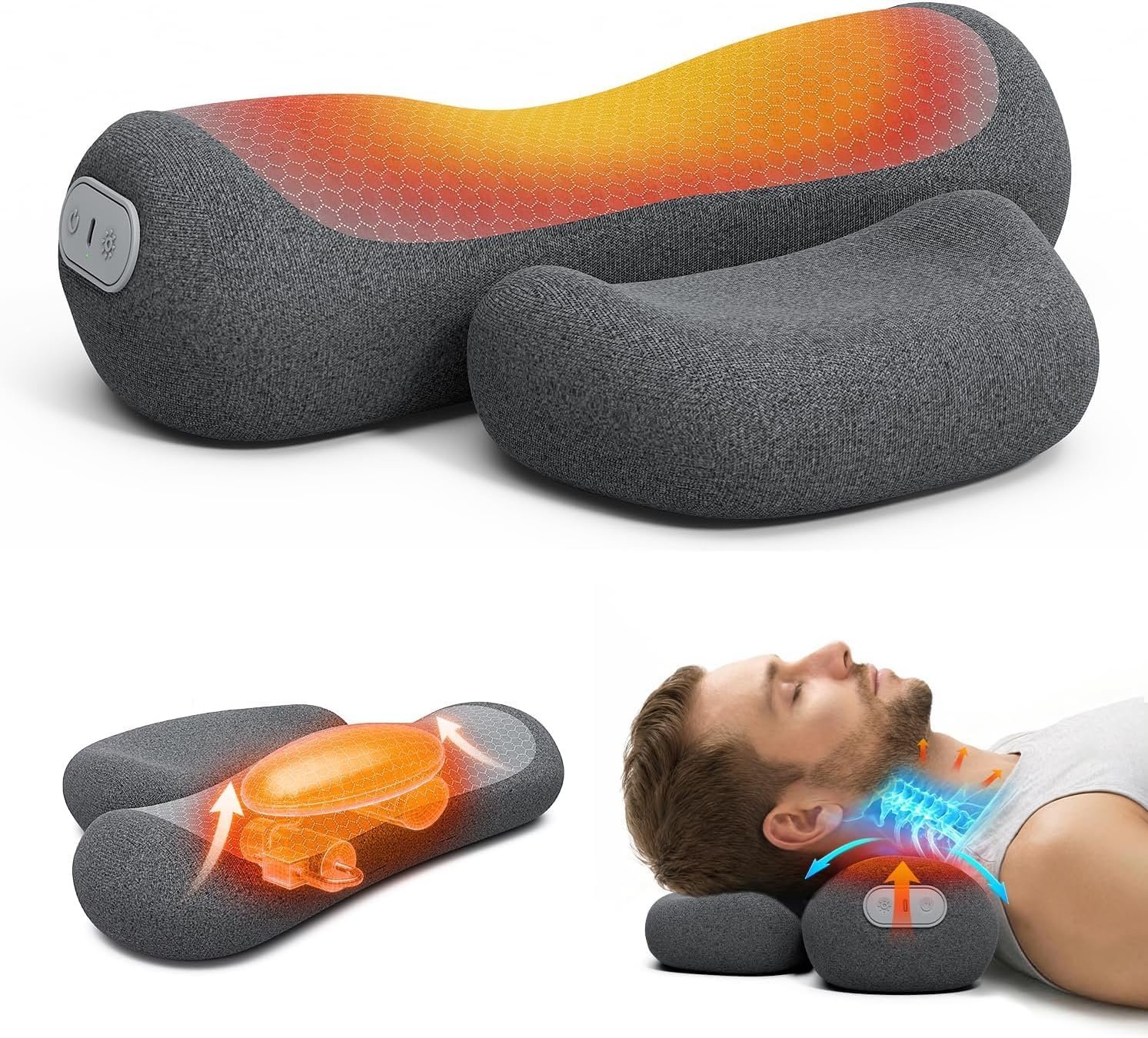 Yunari 3-in-1 Cordless Cervical Neck Support Pillow with Gentle Heat and Airbag Compression, Ergonomic Vibration Pillow for Home, Office and Travel Relaxation (Grey)