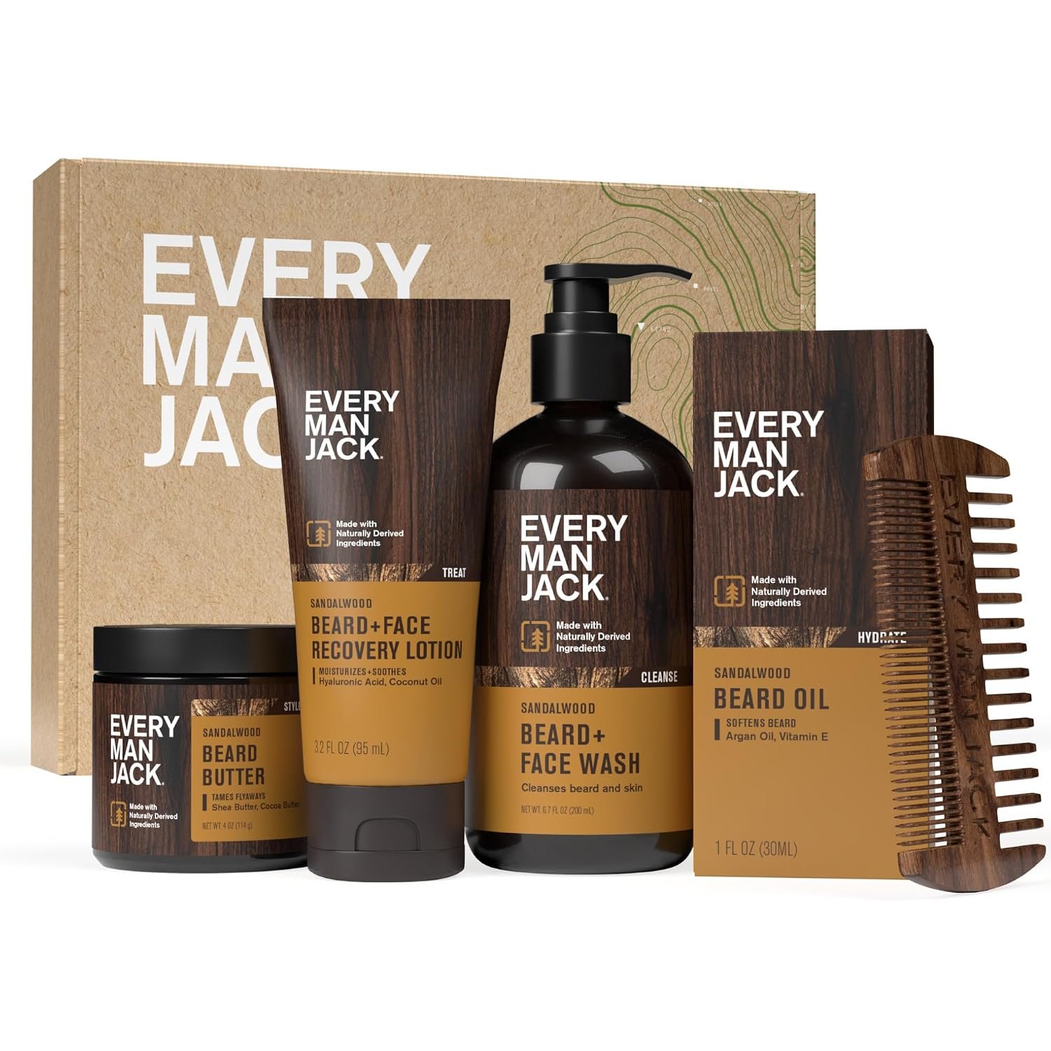 Every Man Jack Beard Essentials Gift Set for Men – Complete Routine with 5 Full-Size Essentials – Sandalwood Scent – Beard & Face Wash, Lotion, Oil, Butter & Comb