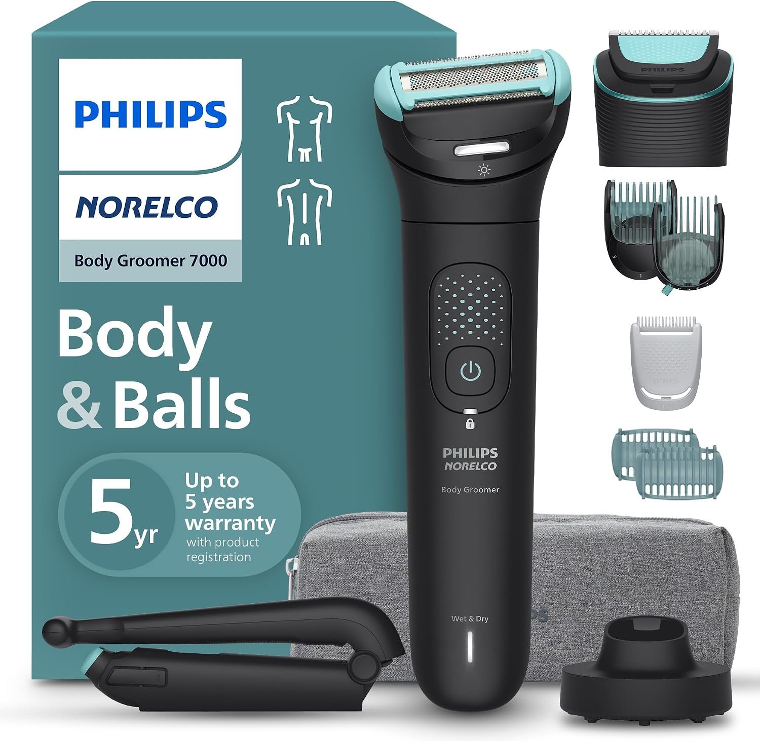 Philips Norelco Body Groomer 7000 Series, Waterproof Men’s Full Body Groomer with Travel Case, Triple Protect Shave System & Body Hair Trimmer with Contour-Following 2D Flexing Head, BG7490/50