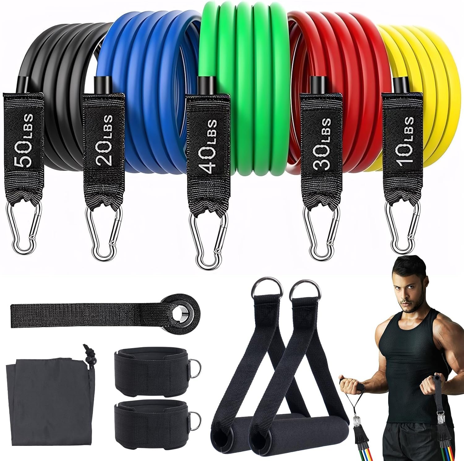 Resistance Bands Workouts Set for Men and Women with Handles – Heavy Duty 150lbs, 11 Piece Elastic Tube Kit for Gym & Home, Strength Training, Yoga, Pilates Therapy for Legs, Chest Power Systems