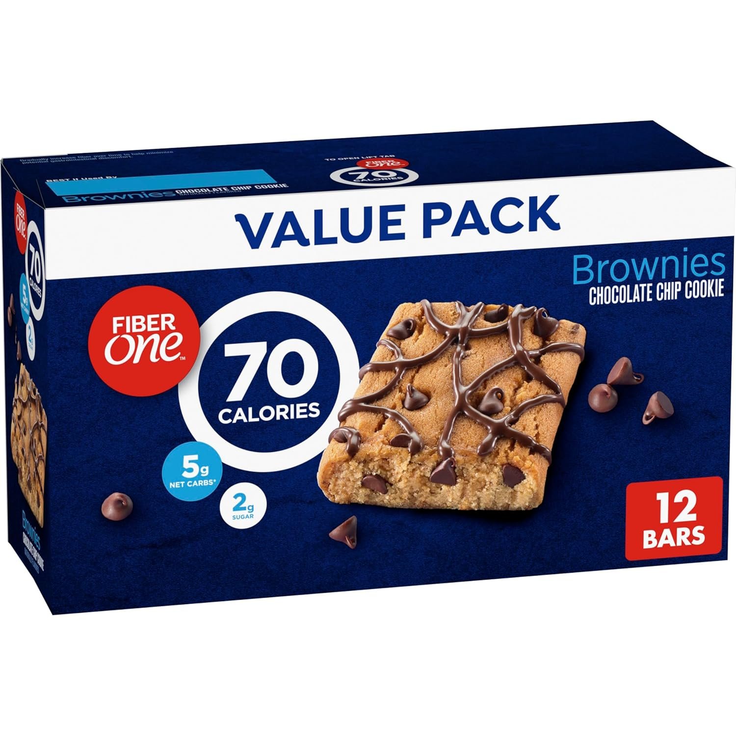 Fiber One 70 Calorie Chocolate Chip Cookie Brownies, 12 ct, 10.6 oz | 27% Daily Value of Fiber per Bar, 5g Net Carbs, Chocolatey Chips & Drizzle, Ideal Desk Drawer or Lunchbox Snack, 10.6 oz